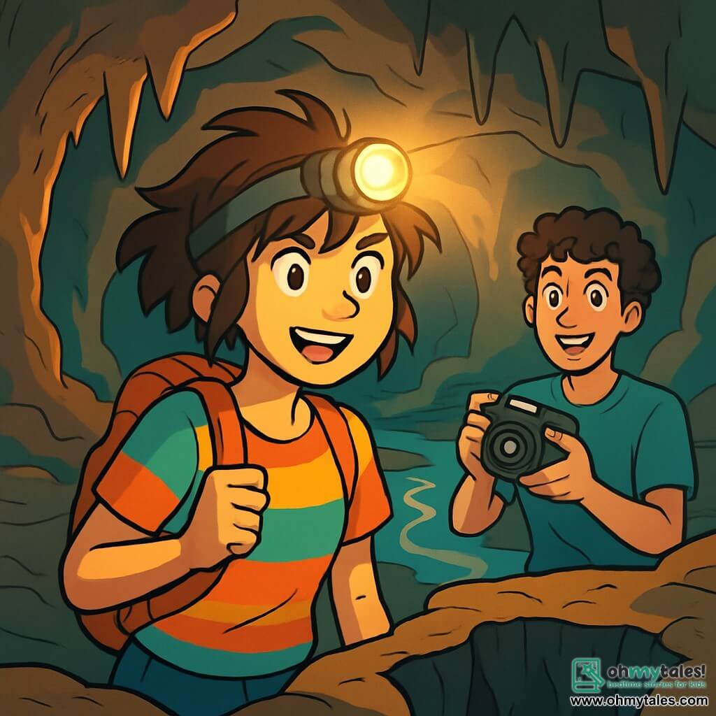 A young woman, Mara, with messy brown hair and sparkling determined eyes, stands at the edge of a dark abyss, her face illuminated by the light of her headlamp. She wears a sturdy backpack and a colorful t-shirt, her expression both curious and resolute, ready to explore the unknown. Beside her is a young man named Kito, about 20 years old, with curly hair and a mischievous smile, holding a camera and watching the scene with an admiring gaze. Their environment is a vast underground cave, with shimmering stalactites hanging from the ceiling and an underground river winding through smooth rocks, reflecting the light from their lamps. Shadows dance on the walls, creating a mysterious and magical atmosphere. The main situation shows Mara and Kito preparing to descend into the abyss, their faces lit up with excitement and anticipation for the adventure ahead.