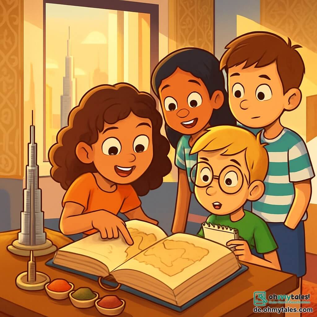Ein 12-jähriges Mädchen, Mia, mit braunen, lockigen Haaren und großen, neugierigen Augen, steht vor einem großen, alten Buch, das auf einem Schreibtisch geöffnet ist. Ihr Gesicht drückt Aufregung und Staunen aus, während sie mit dem Finger auf eine geheimnisvolle Karte zeigt, die aus den vergilbten Seiten herausragt. Neben ihr schaut ihr Freund Max, ein 12-jähriger Junge mit blonden Haaren und runden Brillen, über ihre Schulter, mit weit aufgerissenen Augen, während er ein kleines Notizbuch in den Händen hält. Samira, ein 11-jähriges Mädchen mit schwarzen Haaren und einem bunten Kleid, beugt sich vor, um besser zu sehen, mit einem Lächeln im Gesicht, während Emil, ein 12-jähriger Junge mit kastanienbraunen Haaren und einem gestreiften T-Shirt, die Szene mit einem interessierten Blick beobachtet, die Arme verschränkt. Der Ort ist ein modernes Hotelzimmer in Dubai, mit großen Fenstern, die das goldene Sonnenlicht hereinlassen, Wänden mit arabischen Mustern und einem weichen, bunten Teppich. Auf dem Tisch liegen Reiseandenken, wie Miniaturen der Stadt und bunte Gewürze, die ein Gefühl von Abenteuer vermitteln. Die Hauptsituation zeigt Mia, die ein altes Reisebuch entdeckt, mit einer geheimnisvollen Karte, während sie und ihre Freunde sich darauf vorbereiten, ein Rätsel zu lösen, das sie zu einem versteckten Schatz in der glitzernden Stadt Dubai führen könnte.