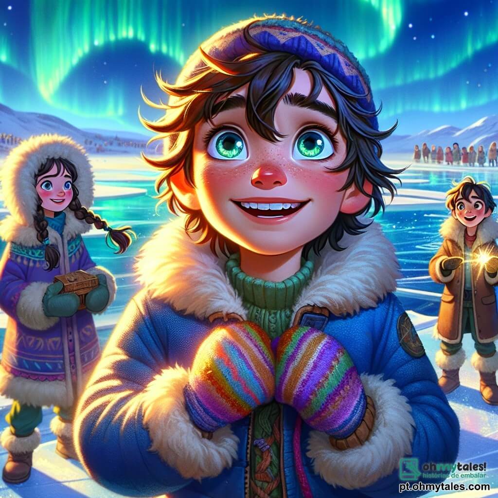 Um garoto de 12 anos, Miguel, com cabelos castanhos bagunçados e olhos brilhantes de curiosidade, está de pé em uma praia de gelo, com um sorriso maravilhado iluminando seu rosto. Ele usa um grosso casaco azul, um gorro de lã e luvas coloridas, enquanto observa o céu onde dançam as auroras boreais em tons verdes e violetas. Ao seu lado, Jonas, um garoto de 13 anos com cabelos negros e olhos vivos, veste um casaco tradicional de pele. Ele sorri, demonstrando seu entusiasmo, enquanto segura uma pequena caixa de madeira nas mãos. Mais adiante, Mia, uma menina de 11 anos com tranças e um casaco vermelho vibrante, observa a cena com olhos brilhantes, ansiosa para descobrir o segredo da pedra da sorte. O local é uma vasta extensão de gelo, com blocos de gelo cintilantes sob o sol e montanhas cobertas de neve ao fundo. O céu é de um azul profundo, salpicado de nuvens leves, enquanto as auroras boreais iluminam o horizonte. A cena principal mostra Miguel, Jonas e Mia em plena exploração, descobrindo a beleza mágica da Groenlândia, unidos por sua busca por aventura e mistério, cercados pela natureza selvagem e deslumbrante.