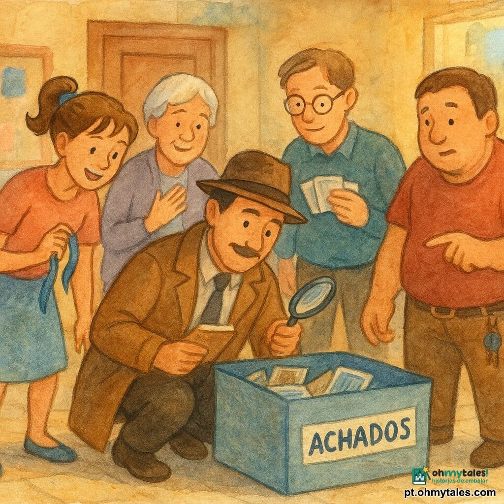 Um detetive de meia-idade (~45 anos), calmo e sorridente, com um casaco bege, agacha-se com um caderninho na mão esquerda e uma lupa na direita para olhar dentro de uma grande caixa cinza etiquetada "ACHADOS"; Dona Celeste (~65 anos) parece aliviada com a mão no peito, atrás dele junto a uma porta de madeira; Vera (~28 anos), professora de dança, tímida e enérgica, com um fio de cabelo azul preso, segura uma fita azul e se inclina para a caixa com um sorriso; Tomás (~40 anos), bibliotecário de óculos redondos, segura fotos e cartas à direita do grupo; Quim (~50 anos), porteiro robusto com chaveiro na cintura, aponta timidamente para o móvel onde a caixa estava; cena num centro comunitário acolhedor com paredes decoradas, estantes de madeira, chão de azulejo claro com pontinhos de purpurina e uma janela alta entreaberta deixando entrar um raio de luz; descoberta alegre e serena de uma caixa azul de lembranças no fundo da caixa de achados, rostos aliviados e mãos recolocando fotos, atmosfera colaborativa e leve.