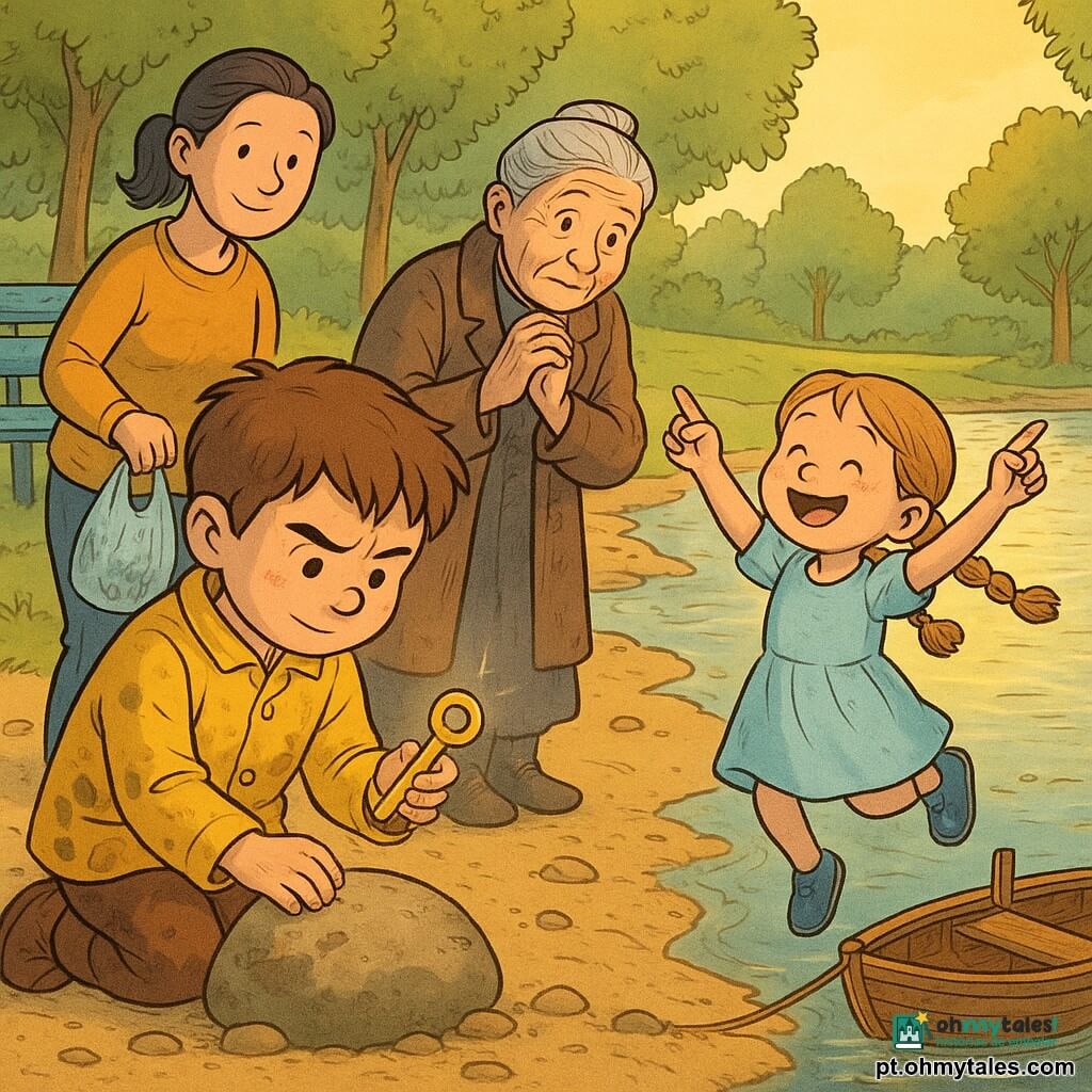 Um menino de 6 anos, olhar curioso e concentrado, sobrancelhas franzidas e sorriso tímido, cabelo castanho despenteado, veste um casaco amarelo com manchas de lama; ajoelha-se na areia húmida junto a uma grande pedra e segura uma pequena chave dourada brilhante entre os dedos. Uma menina de ~4 anos, de tranças e vestido azul claro, com sapatos com estrelas, salta de alegria ao lado do menino apontando para um pequeno barco de madeira ancorado na margem. Uma mulher idosa de ~70 anos, cabelo grisalho em coque, casaco castanho gasto, mãos trémulas e olhar emocionado, está de pé perto de um banco de madeira pintado de azul lascado, preparada para recuperar seu objeto precioso. A mãe do menino, mulher de ~30 anos, cabelo preso e sorriso suave, fica um pouco atrás segurando um saco plástico transparente com um par de luvas azuis. Parque à beira de um pequeno rio, margem arenosa com pedras lisas, árvores e relva verde, barco de madeira com escotilha aberta e reflexos dourados do sol na água. Situação principal: o menino descobre a chave enterrada na areia e abre a escotilha do barco enquanto a menina observa maravilhada e a velha se prepara para recuperar o objeto. Estilo visual: cores quentes e nítidas, contornos finos negros, expressões faciais legíveis e exageradas, texturas detalhadas de tecido e madeira, atmosfera alegre e suave, composição centrada nas mãos do menino e na chave brilhante.