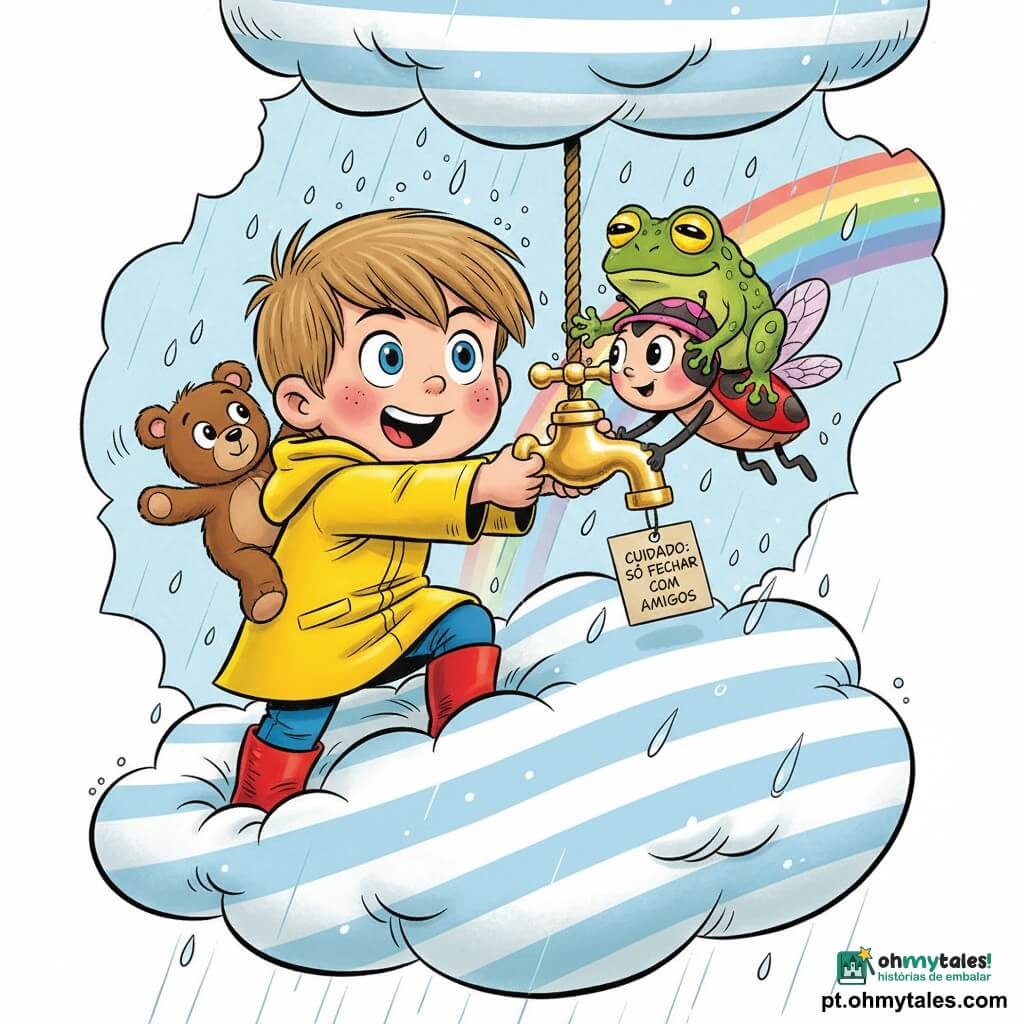 Menino de 4 anos, cabelo castanho-claro curto, olhos azuis redondos e sorriso determinado, veste capa de chuva amarela e galochas vermelhas enquanto puxa com ambas as mãos uma grande torneira dourada suspensa numa nuvem listrada azul e branca; ursinho de peluche castanho Tobias colado ao ombro ajudando, sapo verde vivo Gaspar no outro ombro a empurrar a torneira, e uma joaninha antropomórfica Rita, vermelha com pintas negras e chapéu rosa, a flutuar ao lado e a empurrar; nuvem fofa textura de algodão com etiqueta “Cuidado: só fechar com amigos” no cano, gotas brilhantes e um arco‑íris nascendo ao fundo; cena alegre e fantástica de camaradagem em que todos puxam/empurram a torneira e a chuva se acalma, cores vivas, traços arredondados e contornos limpos no estilo BD franco‑belga infantil.