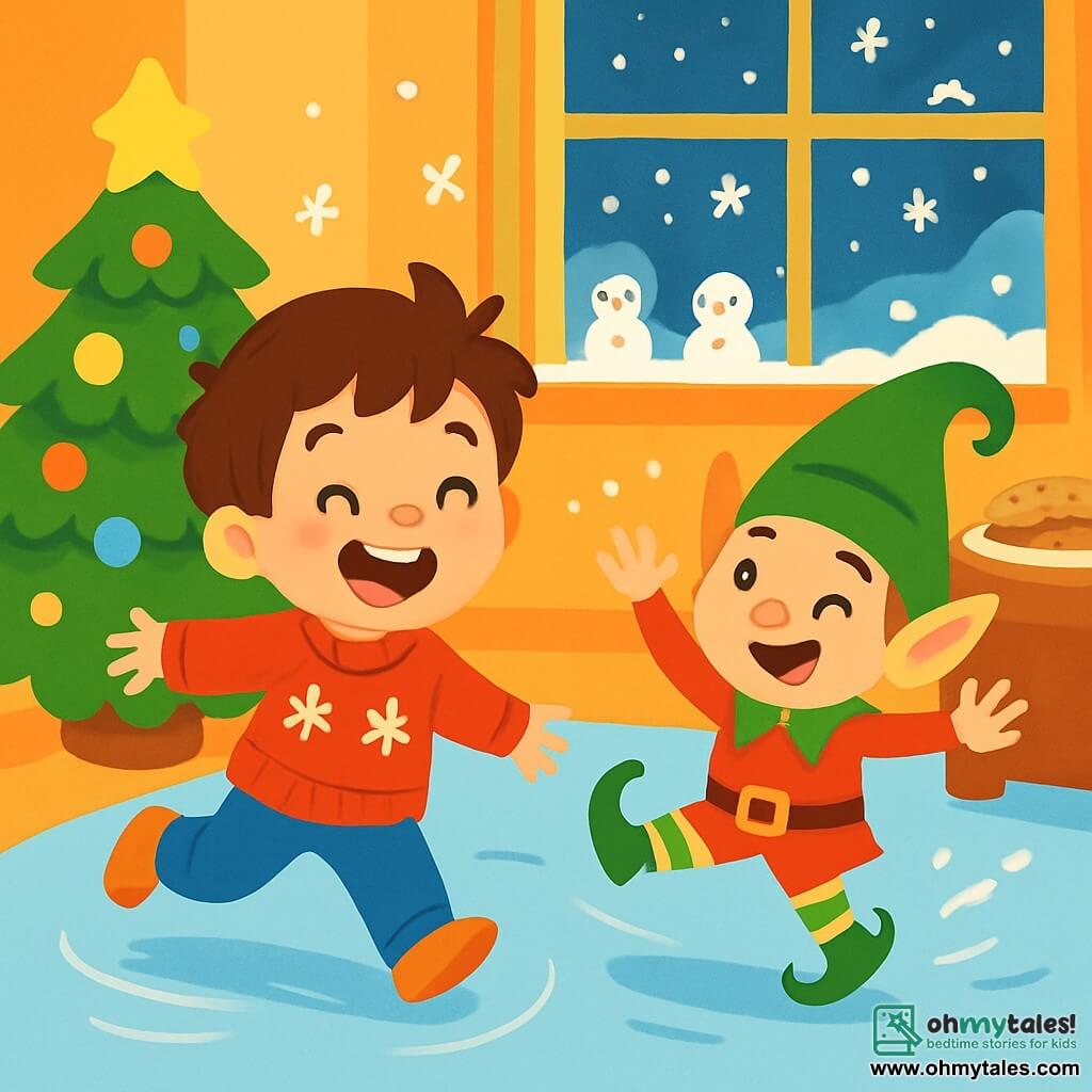A 4-year-old boy, Tommy, with messy brown hair and sparkling eyes, is sliding on an icy floor, laughing joyfully. He wears a red sweater with snowflake patterns and blue pants. Next to him, a Mischievous Elf, a small elf with fair skin, pointy ears, and a big mischievous smile, wears a bright green hat and a red outfit. He is twirling in the snow, adding a touch of magic to the scene. The room is warm and festive, with a Christmas tree sparkling with colorful lights and decorated with shiny ornaments. Snowflakes gently fall outside the window, creating a magical atmosphere. Tommy and the Mischievous Elf are having fun sliding and playing in the snow, surrounded by handmade snowmen on the windowsill, while a delicious aroma of freshly baked cookies wafts through the air.