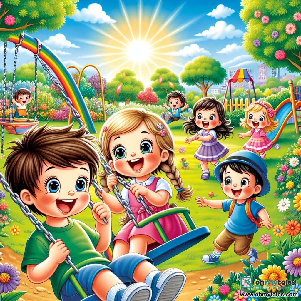 A 4-year-old boy named Sam, with messy brown hair and sparkling eyes, is sitting on a swing in the park, smiling widely and shouting with joy. Next to him, Mia, a 4-year-old girl with braided blonde hair and a pink dress, is enthusiastically pushing the swing, laughing heartily. Ben, a 4-year-old boy with black hair and a blue cap, stands a little further away, ready to jump on the swing after Sam, with a big smile on his face. The park is lush with large trees, colorful flowers dancing in the wind, and a bright blue sky dotted with a few white clouds. In the background, a colorful slide and children playing joyfully can be seen. The main scene shows Sam having fun on the swing, surrounded by his friends, all laughing and enjoying a beautiful sunny summer day.