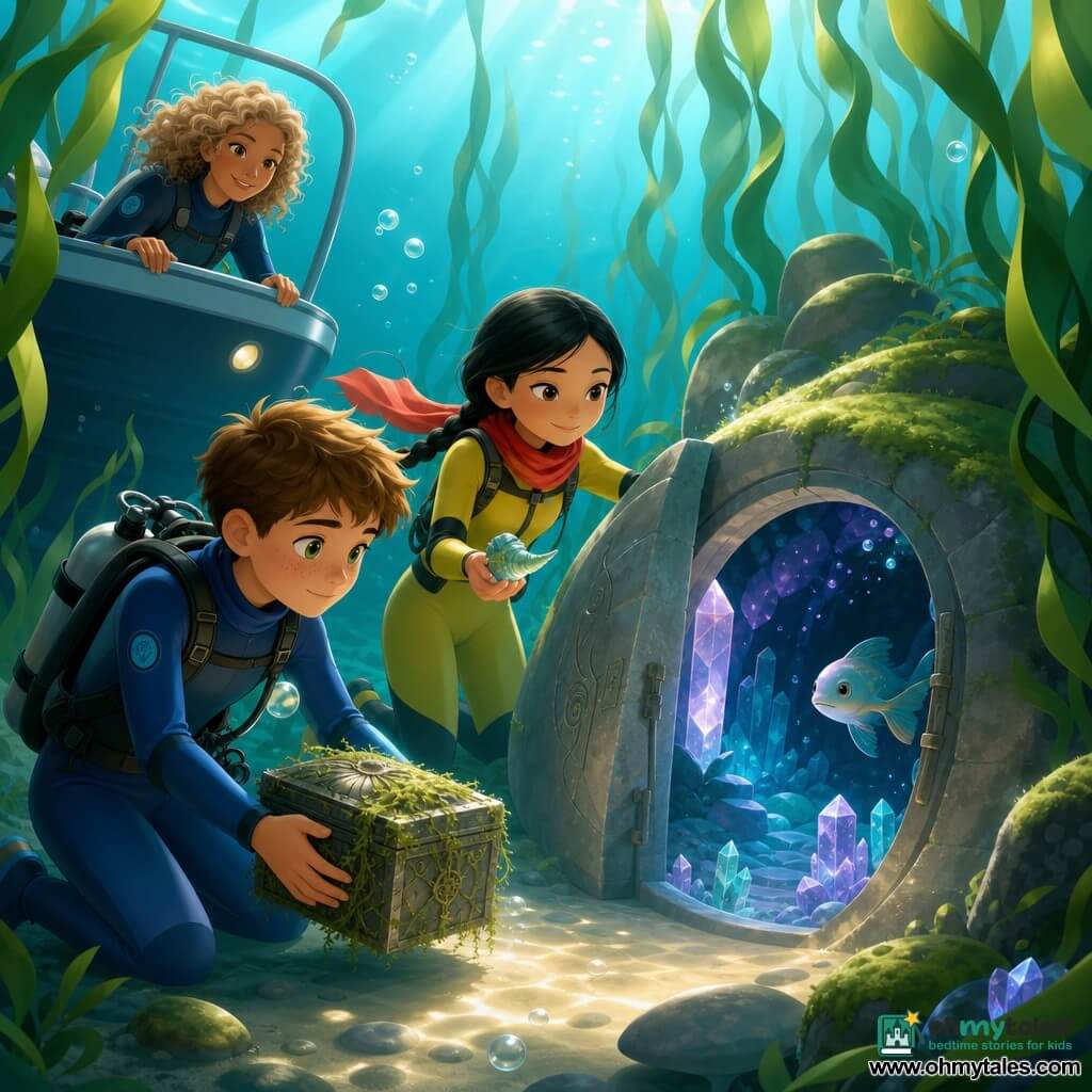 A 10-year-old boy with short brown hair, a few freckles, and bright green eyes kneels in a shallow sandy clearing underwater in a blue wetsuit, gently holding a small algae-covered metal box; nearby Mina, about 10, fair-skinned with braided black hair and a red scarf, in a yellow wetsuit, calmly points with a small shell toward a stone-door beside the boy; Captain Rosa, about 45, tanned with foamy curly hair and a kindly watchful expression, stands on the edge of a small boat above them; they are in a dense kelp forest of long emerald fronds in crystalline turquoise water with light rays piercing to the bottom, flat mossy rocks, and a sand-integrated stone-door whose hinge-shaped fissure and crystal-lined cavity open onto a small crystalline chamber guarded by a little fish; silver bubbles rise slowly, kelp ribbons undulate like drapery, and the box at the center emits a soft glow—an underwater scene of respectful discovery and wonder.