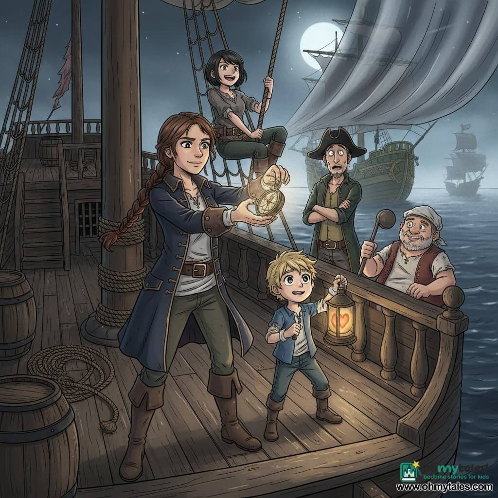 Mara, a ~25-year-old pirate with a determined calm face, dark eyes, a brown braid tied with a red ribbon, wearing a worn navy coat and muddy boots, holds a tarnished metal compass raised with a resolved, relieved expression; Lint, a 13-year-old blond boy of small stature, stands near her on the wet wooden deck holding an orange lantern that pulses like a heart, eyes full of wonder; Yara, an 18-year-old slim agile woman with short black hair, grins mischievously while hanging from a rope on the mast behind Mara; Jory, a 60-year-old stocky cook with a wrinkled face and salt-and-pepper beard, stands by the rail with a ladle, looking relieved and amused; Captain Brine, a 45-year-old tall man with an exaggerated hat and a gold tooth, stands back on his green-and-gold ship looking surprised and humbled; the scene is a pirate ship’s wet wooden deck scattered with ropes and barrels, dark sea around, silver mist receding and cold moonlight reflecting on the water as Mara returns the compass to the sea—the compass glows faintly, the mist pulls back like a curtain, ghostly ship silhouettes fade, and tension gives way to visible relief on everyone’s faces.