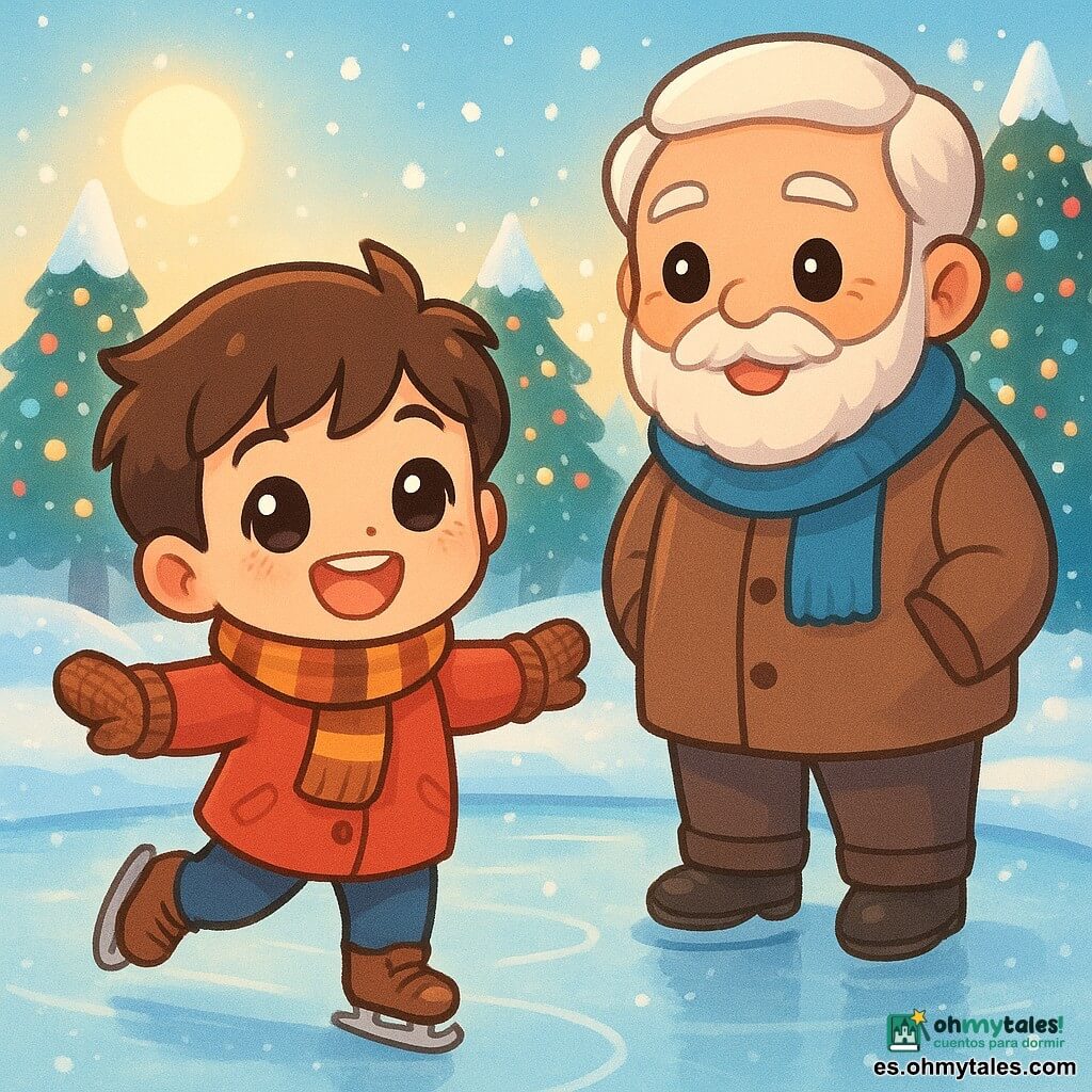 Un niño de 6 años, llamado Tomás, con una gran sonrisa y ojos brillantes, lleva un abrigo rojo, una bufanda a rayas y guantes tejidos. Está patinando alegremente sobre un lago congelado. Un hombre mayor, su abuelo, con barba blanca y ojos brillantes, está cerca, mirando a Tomás con una expresión amable. Lleva un abrigo grueso y una bufanda azul. El lago está rodeado de abetos nevados y brillantes bajo el sol de invierno, creando una atmósfera mágica y festiva. Luces de Navidad coloridas decoran los árboles, añadiendo un toque de fantasía a la escena.