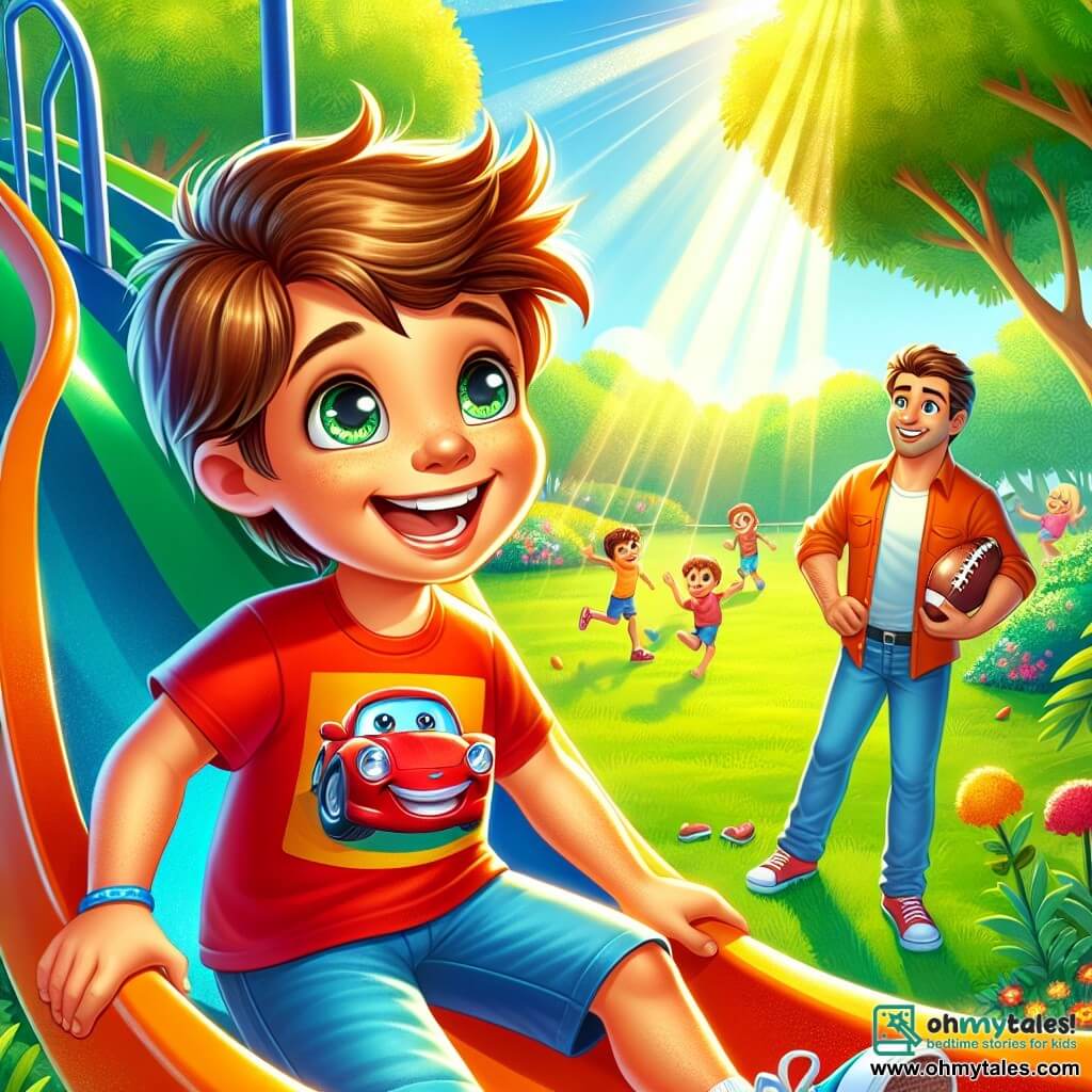 An 8-year-old boy, Tommy, with messy brown hair and sparkling curious eyes, stands on a slide in a sunny park. He wears a red t-shirt with a car design and blue shorts, displaying a big joyful smile and an excited look. Next to him, his father, a man around 35 with brown hair and a light beard, looks at him proudly while holding a football in one hand. They are surrounded by green trees with shiny leaves and colorful flowers, while a group of children plays in the distance on the grass. The scene exudes happiness and camaraderie. Tommy is about to slide down the slide, ready for a new adventure, while his father encourages him with a warm smile.