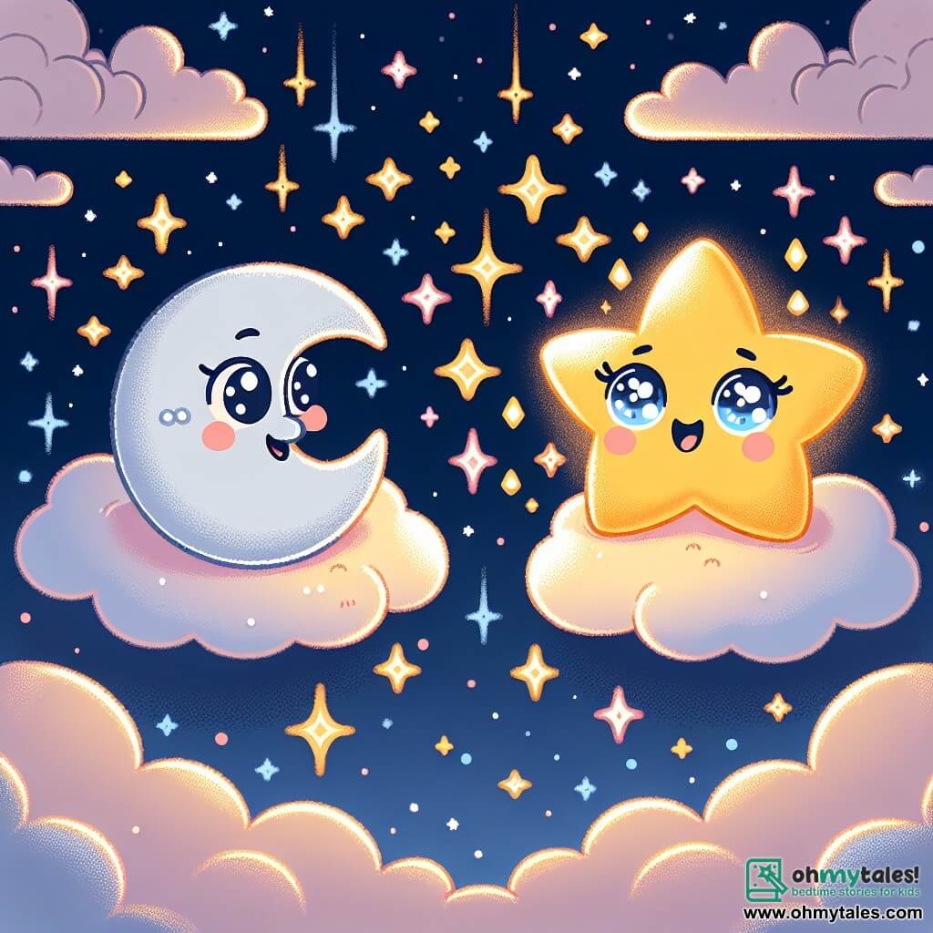 In a starry sky, a small star named Twinkle shines brightly, her golden rays sparkling like diamonds. She has a joyful and curious face, with large, excited eyes, gently floating above a fluffy cloud. Next to her, Luna, the moon, appears as a large silver sphere, soft and benevolent, with a soothing smile. She looks at Twinkle with tenderness, her eyes shining with wisdom, encouraging her to continue her quest. The setting is a vast night sky filled with twinkling stars and light clouds, where a gentle breeze makes the stars dance. In the background, the silhouette of a cloud temple is illuminated by bursts of light. The main scene shows Twinkle, full of enthusiasm, asking Luna why she shines, while the moon offers her advice with a calm and encouraging expression.