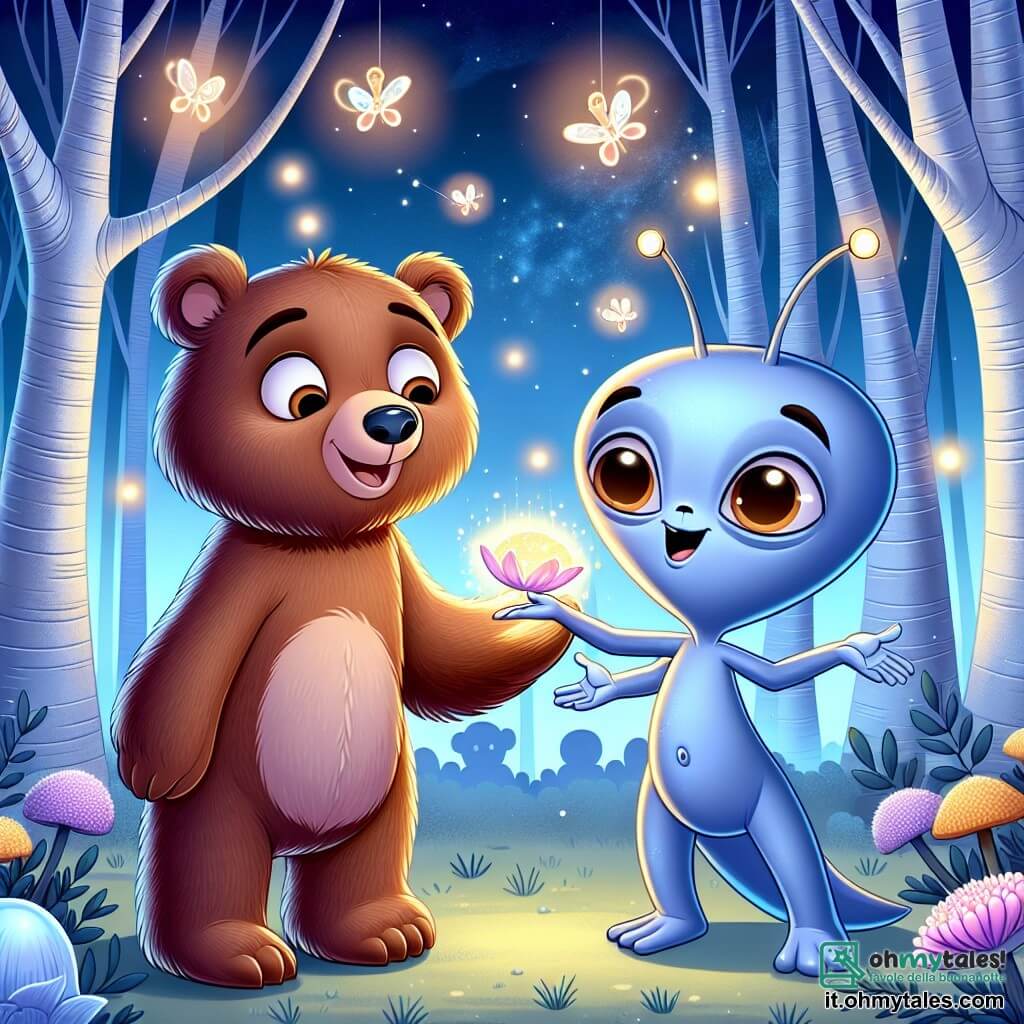 Un orso bruno di nome Arturo, con un pelo morbido e occhi rotondi e curiosi, si trova al centro della scena, mostrando un'espressione di meraviglia e gioia. Accanto a lui, un extraterrestre azzurro di nome Zali, con quattro braccia sottili e grandi occhi a mandorla, sorride con entusiasmo, tenendo un petalo luminoso tra le mani. Sullo sfondo, si estende una foresta incantata, con alberi dai tronchi argentati e fiori scintillanti che brillano alla luce della luna. La scena ritrae Arturo e Zali in una danza gioiosa, circondati da lucciole che illuminano la notte, creando un'atmosfera magica e amichevole.
