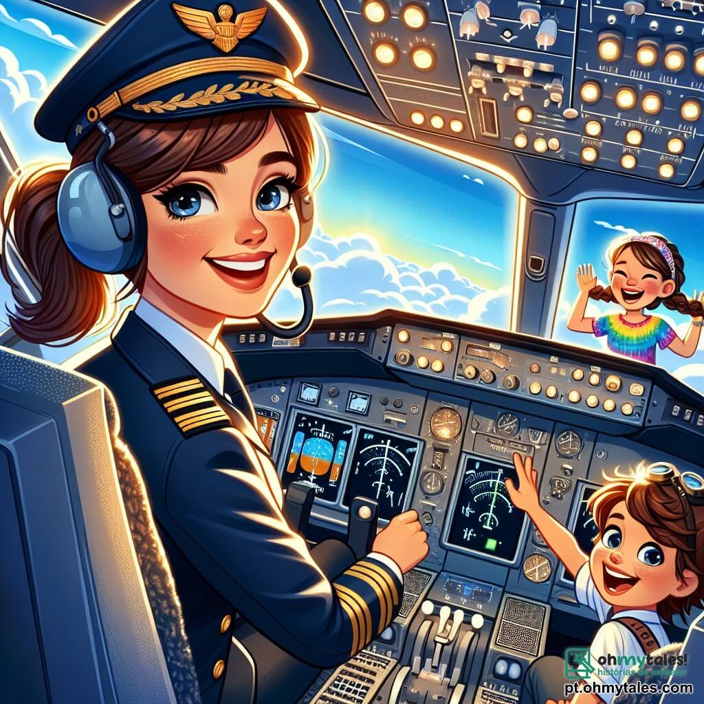 Clara, uma mulher piloto de avião, está no cockpit de um grande avião, com um sorriso radiante e uma expressão de determinação. Ela usa um uniforme azul-marinho com um boné de aviador, e seus cabelos castanhos estão presos em um rabo de cavalo. Ao lado dela, Miguel, um menino de cerca de 10 anos, com um boné de aviador e olhos brilhantes de excitação, olha pela janela, maravilhado com as nuvens abaixo. Sofia, uma menina de 9 anos, com tranças e uma camiseta colorida, está sentada atrás deles, levantando as mãos como se estivesse em montanhas-russas, rindo de alegria. O cockpit está cheio de luzes piscantes e instrumentos de navegação, com uma vista espetacular do céu azul pela grande janela da frente. Ao fundo, vêem-se nuvens brancas e um sol brilhante, criando uma atmosfera mágica. A cena mostra Clara pilotando o avião enquanto explica às crianças como funciona o voo, com uma sensação de aventura e aprendizado, onde a excitação e a curiosidade dos jovens passageiros se misturam à paixão de Clara pela aviação.