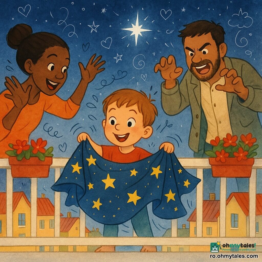 Un băiat de 6 ani cu față rotundă și păr scurt, ținând o cuvertură albastru închis cu stele și râzând pe balcon; mama (~32 ani) cu părul prins în coc, zâmbitoare, stând în stânga și fluturând brațele ca niște aripi; tatăl (~35 ani) cu barbă ușoară, în dreapta, făcând o grimasă de urs pentru a amuza copilul; balcon din lemn vopsit în alb cu jardiniere roșii, în fața unor case pastelate cu acoperișuri roșii; cer de seară indigo presărat cu stele și o stea centrală extra-luminoasă care pare să clipească; scenă caldă și jucăușă la crepuscul, familia imită animale; elemente desenate suprapuse (stele căzătoare, note de râs, lăbuțe); stil: culori vii și contrastante, tușe moi și rotunjite, texturi hârtie și acuarelă, iluminare caldă de pe balcon.