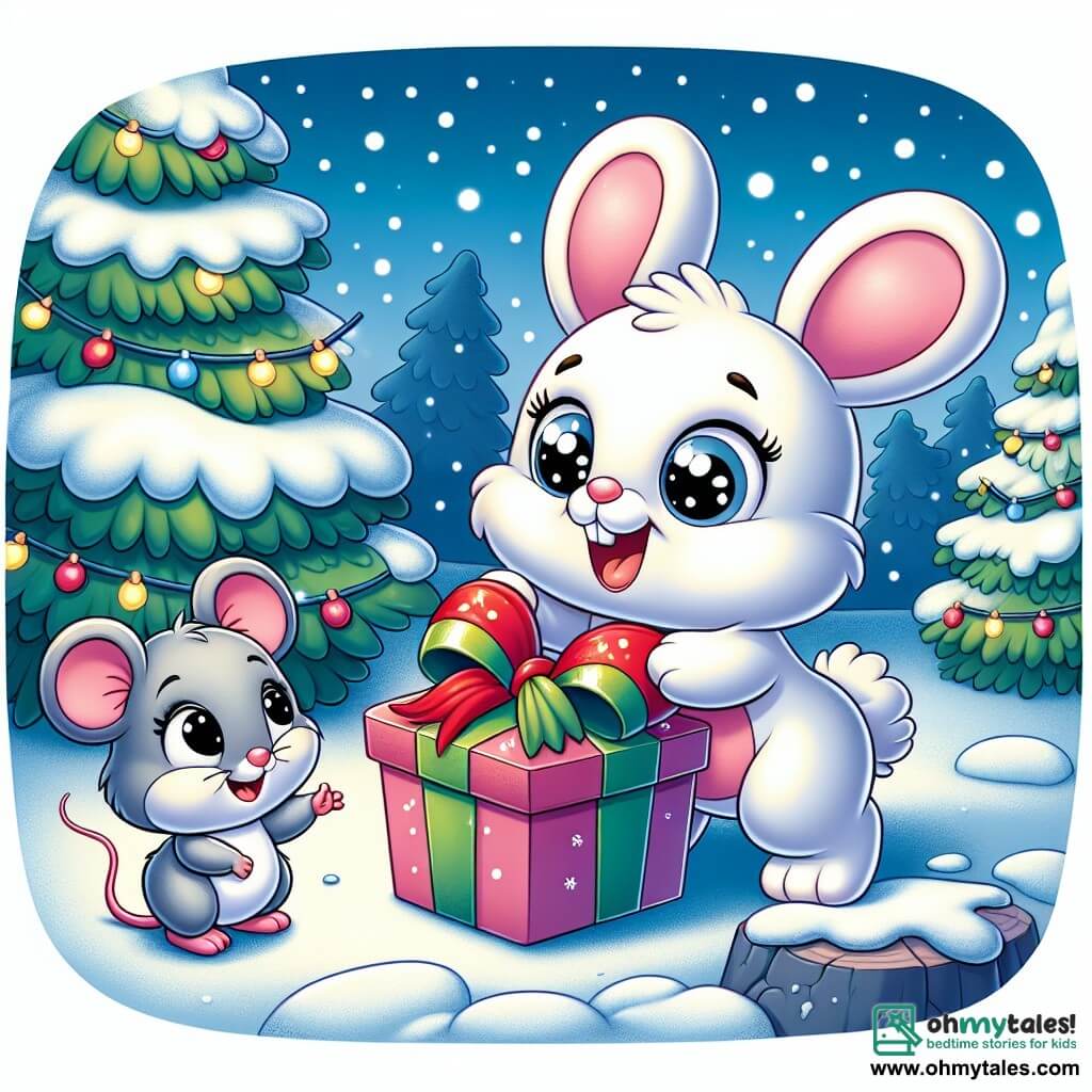 A small plush bunny with soft white fur, bright eyes, and a big smile is decorating a box with red ribbons and green bows. It looks joyful and excited, hopping on its hind legs. Next to it, a little gray mouse with large round ears and a small pink nose watches the box with wide-eyed surprise. It smiles with joy, standing on a small stone, admiring its friend's work. The scene takes place in a snowy forest, with snowflakes gently falling from the branches of the fir trees. The ground is covered in a white blanket, and sparkling lights adorn the surrounding trees. Bunny is preparing a Christmas surprise for Squeaky, the mouse, carefully decorating the box while the magic of Christmas envelops the forest.