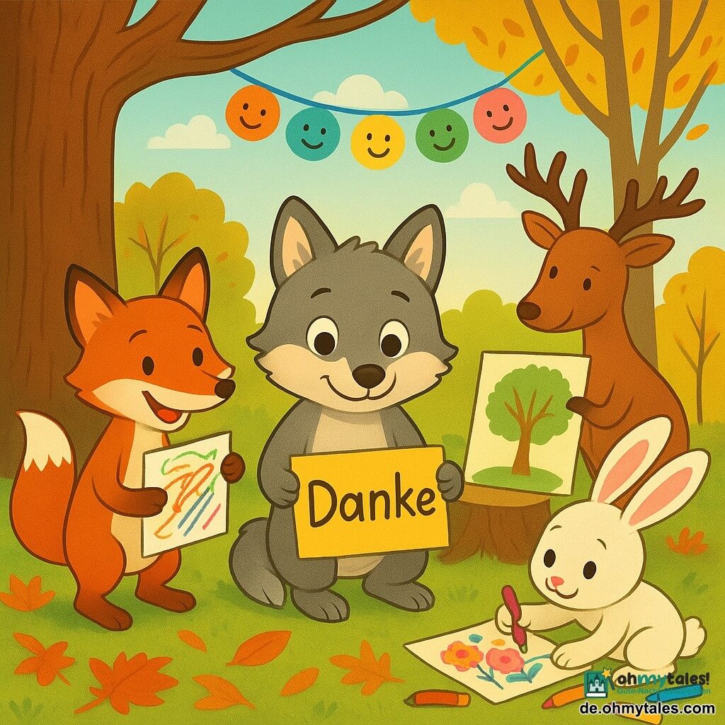 Die Hauptfigur ist ein kleiner kindlicher Wolf mit weichem grauem Fell und cremefarbenen Akzenten, runden glänzenden Augen und schüchtern-warmem Lächeln, der in der Mitte sitzt und zärtlich eine bunte Papiergesichtskarte mit dem handgeschriebenen Wort Danke hält, links steht ein schlanker, schelmischer rotbrauner Fuchs mit strahlendem Lächeln, der ein flott gezeichnetes buntes Bild hält und sich zum Wolf neigt, rechts hockt ein weißer Hase mit großen rosa Ohren konzentriert und begeistert und koloriert Blumen mit dicken Stiften, im Hintergrund ein ruhiger, wohlwollender brauner Hirsch, der an einer großen Blattfläche einen Baum malt, alles spielt sich in einer sonnigen Ecke eines Waldparks ab mit strukturierter grüner Wiese, herbstlichem Laub in Rot- und Goldtönen, einer alten Eiche links und zwei jungen Buchen, zwischen denen eine Girlande aus bunten Papiergesichtern hängt, die Freunde bauen gemeinsam diese Girlande aus lächelnden Gesichtern mit zärtlichen Gesten, ausgeschnittenem Papier und bunten Bändern, goldenes Licht filtert durch die Zweige und schafft eine warme, kollegiale Stimmung.