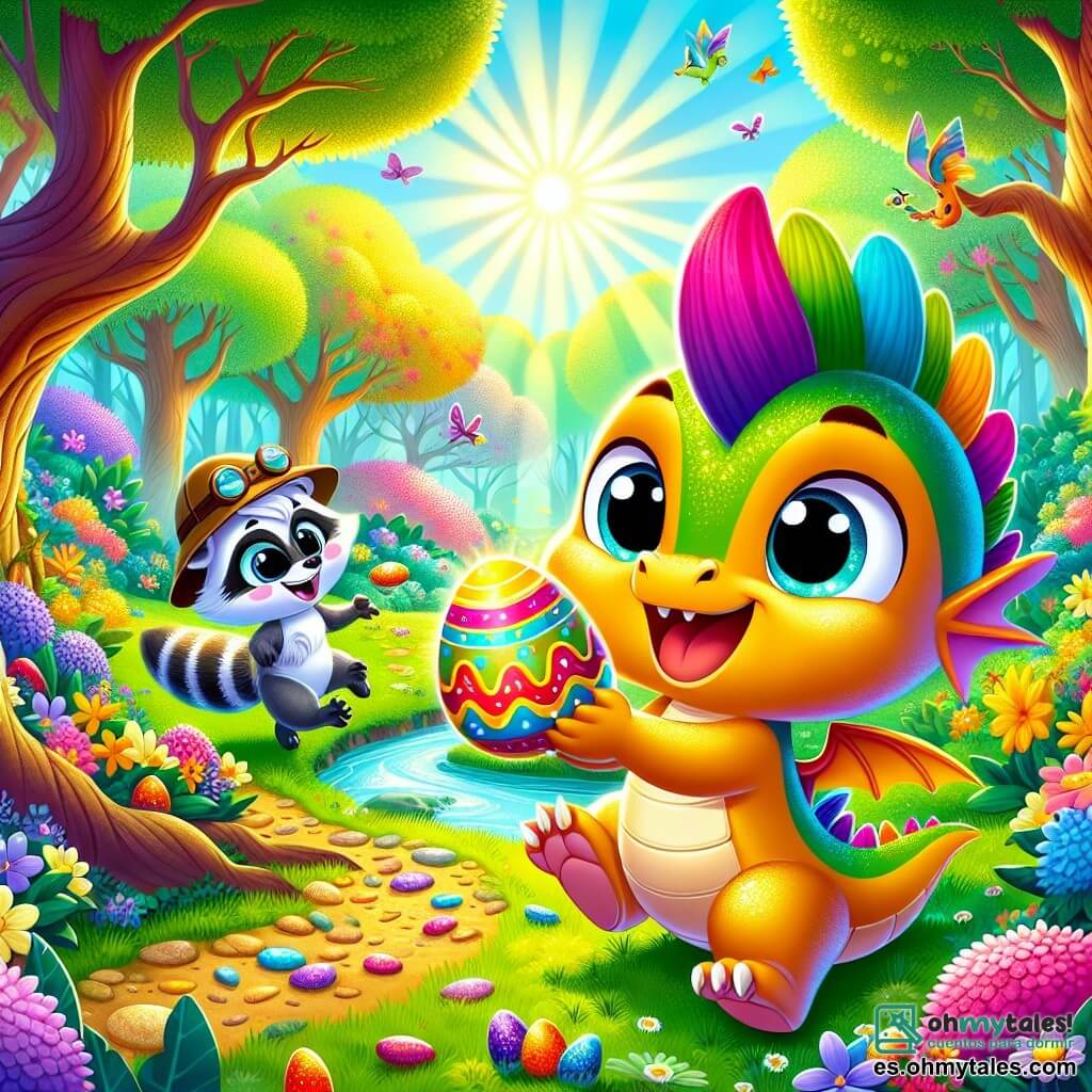 Flama, un pequeño dragón con escamas brillantes de colores arcoíris, está lleno de emoción y alegría. Tiene grandes ojos curiosos y una amplia sonrisa, mientras sostiene un huevo de Pascua dorado entre sus pequeñas patas. A su lado, Pipo, un pequeño mapache con un sombrero de explorador, salta de alegría, sus ojos brillando de entusiasmo, señalando hacia el cielo soleado. El escenario es un hermoso bosque primaveral, donde los majestuosos árboles con hojas brillantes susurran secretos y flores coloridas cubren el suelo. Rayos de sol atraviesan el follaje, iluminando el camino de la aventura. La escena principal muestra a Flama y Pipo descubriendo el huevo mágico junto a un arroyo brillante, rodeados de risas y colores vivos, mientras otros animales del bosque se acercan, curiosos y alegres, listos para celebrar juntos la magia de Pascua.