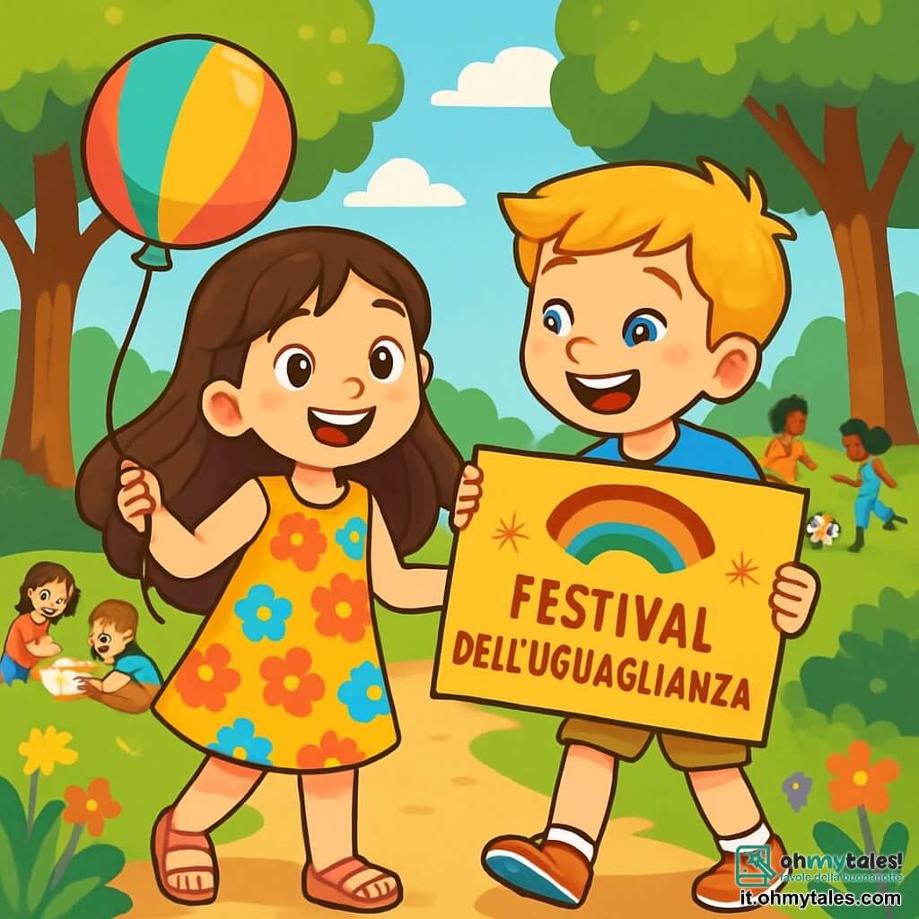 Una bambina di 8 anni, Nina, con lunghi capelli castani e occhi brillanti di curiosità, sorride felicemente tenendo un pallone multicolore. Indossa un vestito a fiori luminosi e sandali rosa, ed è al centro dell'immagine, piena di energia ed entusiasmo. Accanto a lei, il suo amico Marco, un ragazzo di 8 anni con capelli biondi e occhi blu, ride mentre tiene un cartello colorato che annuncia il festival. Indossa una maglietta blu e pantaloni beige, e si inclina leggermente verso Nina, condividendo la sua eccitazione. Lo sfondo è un parco verdeggiante, con alberi maestosi dalle foglie brillanti, fiori colorati lungo il sentiero e un cielo azzurro chiaro punteggiato di nuvole bianche e soffici. In lontananza, dei bambini giocano insieme, alcuni si divertono a disegnare su fogli di carta, mentre altri si sfidano gioiosamente a calcio. La scena principale mostra Nina e Marco che organizzano un festival dell'uguaglianza, dove tutti i bambini, ragazze e ragazzi, si divertono insieme, in un'atmosfera di gioia e amicizia, celebrando i loro talenti e la loro amicizia.