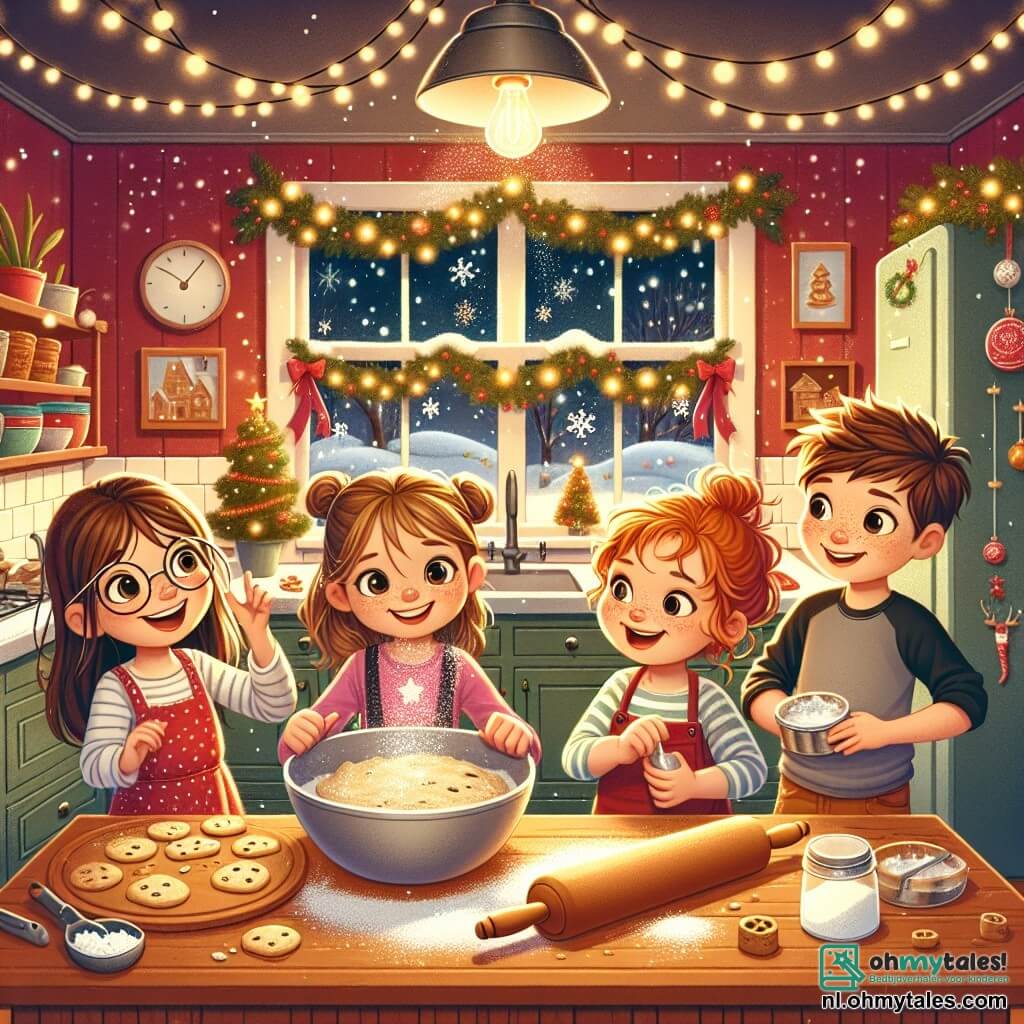 In een magische kerstscène staan vier vrienden in een charmante keuken versierd met lichtjes. Emma is een negenjarig meisje met lange bruine haren en ronde bril. Ze glimlacht blij terwijl ze een grote kom met koekjesdeeg vasthoudt. Max, een jongen met messy blond haar en sprankelende ogen, staat naast haar en strooit geconcentreerd bloem op het aanrecht. Lotte, een meisje met rood haar en vlechten, zit op een stoel met een deegroller, klaar om enthousiast het deeg uit te rollen. Sam, een jongen met kastanjebruin haar en sproeten, staat bij het raam en kijkt verwonderd naar de vallende sneeuwvlokken buiten, met een grote glimlach op zijn gezicht. De keuken is warm, met rode muren, een grote houten tafel in het midden en kerstdecoraties aan de muren. Er liggen al gouden koekjes op een schaal, en een zachte lichtinval verlicht de ruimte. De kinderen zijn druk bezig met het maken van kerstkoekjes, lachend en zingend, vol opwinding voor hun kerstverrassing.