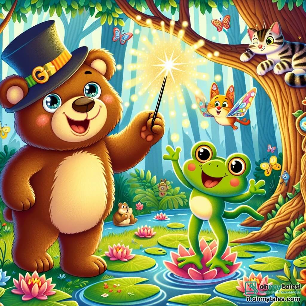 Un orso bruno dagli occhi scintillanti e dal sorriso ampio, indossando un piccolo cappello da mago, agita entusiasta una bacchetta magica luccicante. Accanto a lui, una rana verde con grandi occhi rotondi e le zampe in aria, ride danzando come una ballerina su una foglia di ninfea. Un gatto tigrato, sdraiato su un ramo, osserva la scena con aria divertita, gli occhi semi-chiusi, pronto a saltare. Un uccellino colorato, posato su un ramo, canta allegramente imitando i suoni della rana, le sue piume brillanti illuminate dal sole. Il paesaggio è un boschetto magico, pieno di alberi dai tronchi attorcigliati e fiori vivaci, mentre raggi di luce filtrano tra il fogliame, creando un'atmosfera incantata. L'orso usa la sua bacchetta magica per far ballare i suoi amici, suscitando risate e gioia in questo mondo incantevole.