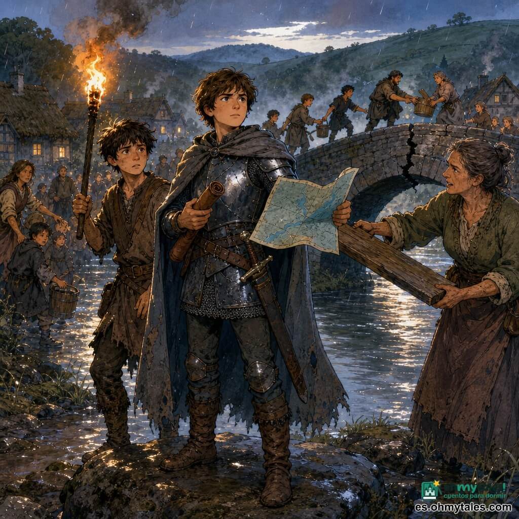El personaje principal es un caballero joven de pie sobre una piedra junto al puente, rostro sereno y decidido, armadura mate con reflejos azules y capa gris, sosteniendo una carta enrollada y una espada en la funda; a su derecha Martín, escudero delgado de ~14 años y cabello castaño, empapado y con una antorcha humeante, mirada ansiosa pero valiente; a la izquierda Aldara, campesina robusta de ~40 años con manos ásperas y chaqueta de lana embarrada, entregando tablas y dirigiendo a los aldeanos; al fondo varios pobladores (adultos y niños) forman una cadena pasando cubos y tablas; lugar: antiguo puente de piedra sobre un río plateado con una grieta en el arco, orillas enlodadas y casas de paja bajo un cielo húmedo; escena principal: noche lluviosa que amaina, luz cálida de antorchas entre neblina, el caballero muestra un mapa azulado como símbolo de unión mientras los aldeanos refuerzan el puente.