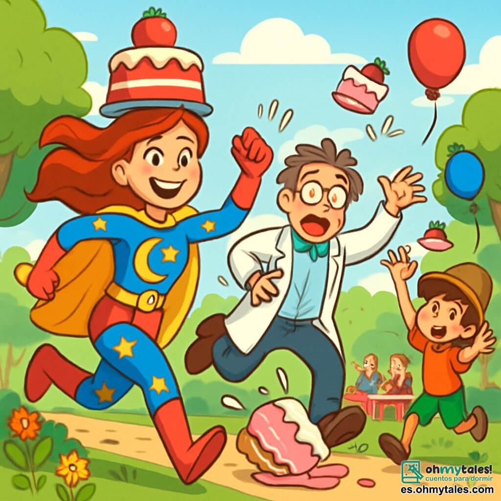 Clara, una joven superheroína, lleva un traje brillante de colores vivos con motivos de luna y estrellas. Tiene una gran sonrisa alegre y ojos chispeantes de travesura, mientras corre con una tarta de fresa equilibrada en su cabeza, con el cabello ondeando al viento. A su lado, el Profesor Desastre, un hombre de unos cincuenta años con gafas redondas y cabello desordenado, tropieza con un gran pastel que ha dejado caer, mostrando una expresión de sorpresa cómica. El Pequeño Desliz, un niño de unos 10 años con un sombrero demasiado grande y una cara traviesa, intenta atrapar su propio pastel que vuela, con los brazos extendidos hacia el cielo. La escena transcurre en un parque soleado, lleno de árboles verdes, flores coloridas y familias riendo alrededor de mesas de picnic. Globos flotan en el aire, añadiendo un toque festivo a la atmósfera. La situación principal muestra a Clara corriendo alegremente hacia la meta, rodeada de risas y pasteles, mientras los dos personajes secundarios se encuentran en posiciones cómicas, creando un ambiente de fiesta y camaradería.