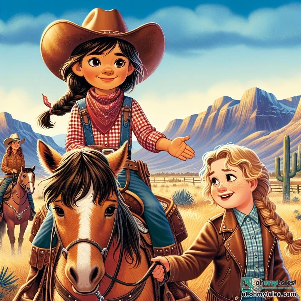 Op de voorgrond staat een dappere cowgirl, Lucy, ongeveer 10 jaar oud, met een grote cowboyhoed en een rood geruit shirt. Ze heeft lange, bruine haren in een vlecht en een vastberaden glimlach op haar gezicht. Ze zit op haar mooie bruine pony, Binky, die vrolijk hinnikt naast haar. Lucy steekt haar hand uit om een andere cowgirl te helpen. Naast hen is een cowgirl van ongeveer 12 jaar, met blond haar en vlechten, te paard, zichtbaar opgelucht en dankbaar. Ze draagt een leren jas en kijkt Lucy bewonderend aan. De achtergrond toont een uitgestrekte prairie van het Wilde Westen, met gouden heuvels aan de horizon, verspreide cactussen en een stralende blauwe lucht. In de verte zijn bergen te zien, die een majestueuze toets aan het landschap geven. De belangrijkste situatie toont Lucy en Binky die de vastzittende cowgirl helpen, wat de geest van samenwerking en avontuur in dit cowboyverhaal illustreert.