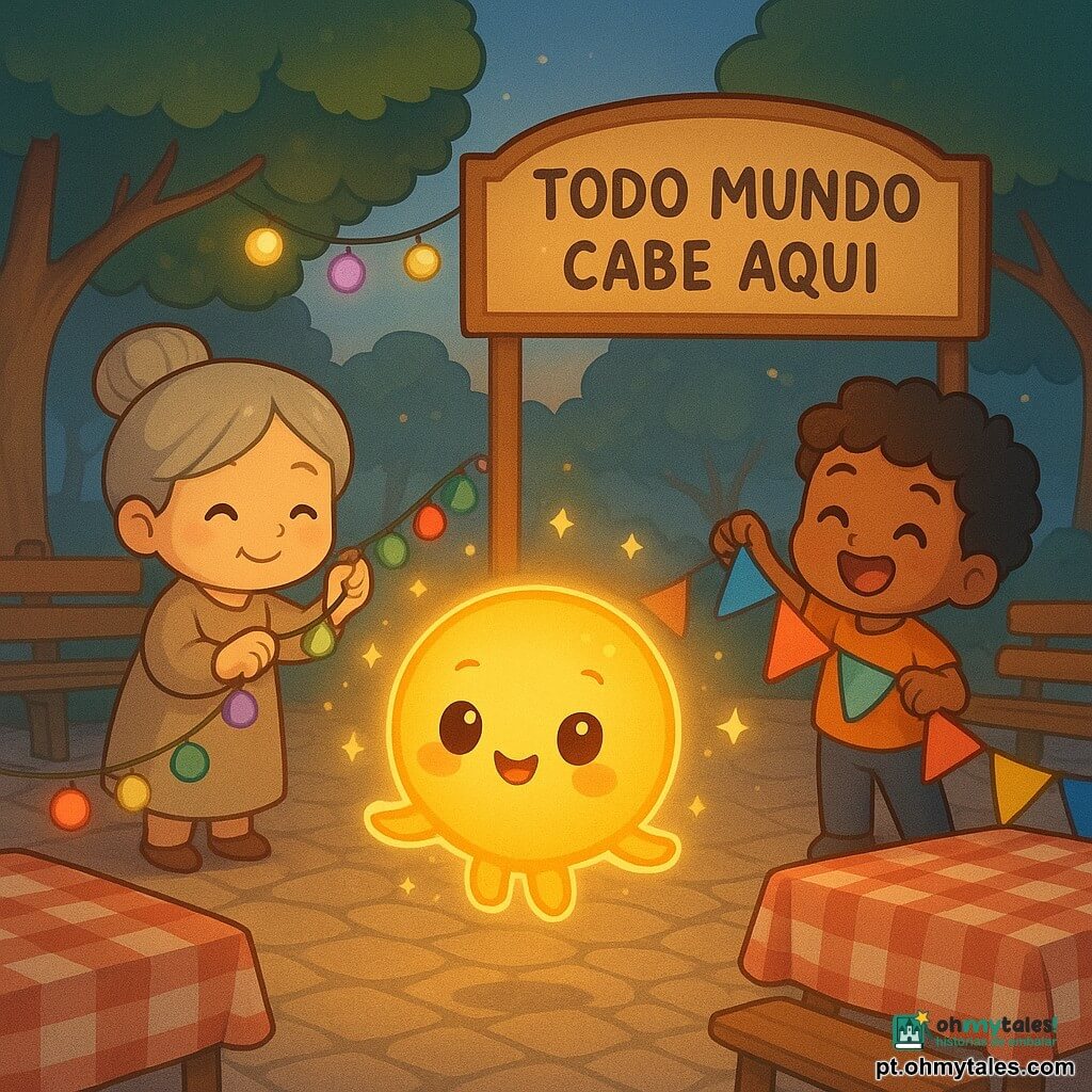 Lumi é uma pequena esfera de luz quente e arredondada, amarelo-alaranjada, olhos brilhantes e sorriso doce, flutuando como uma vaga-lume curioso, com expressão alegre e espantada, faíscas ao redor e uma mão luminosa estendida para ajudar; Dona Sara, mulher adulta chibi de cabelos grisalhos em coque, pele clara e rosto afável, sorri enquanto pendura guirlandas à esquerda; Tomás, menino chibi vivo, pele morena e cabelos cacheados negros, ri enquanto coloca bandeirolas à direita; tudo se passa numa pequena praça pavimentada ao crepúsculo, com árvores de folhas verde-escuro, bancos e mesas de madeira com toalhas xadrez, guirlandas coloridas e um grande painel escrito Todo mundo cabe aqui; a cena mostra a festa de bairro sendo preparada — Lumi liga luzes, Dona Sara ajeita uma toalha e Tomás pendura decorações, ambiente quente, animado e colorido com sombras suaves e lampiões brilhantes.