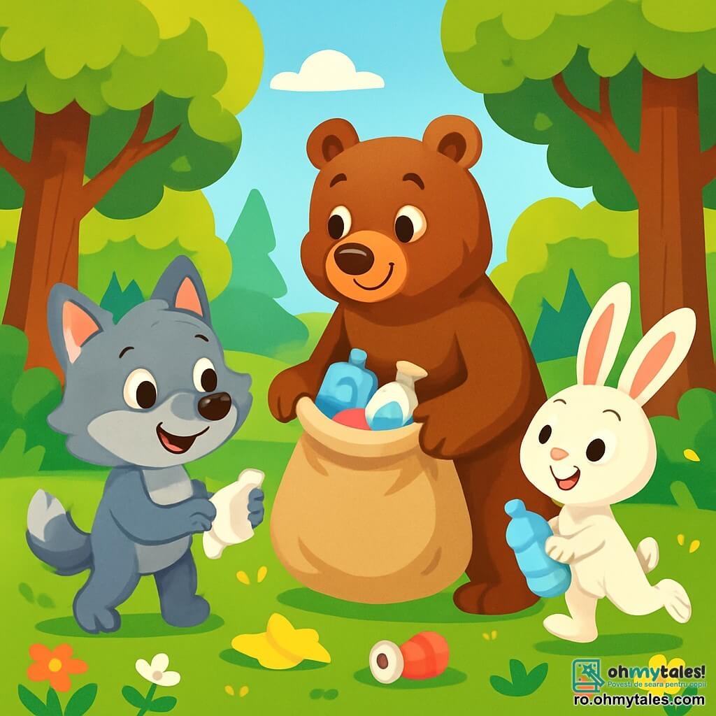 Un lup mic pe nume Lupuț, cu blană gri moale și ochi strălucitori de curiozitate, zâmbește bucuros în timp ce adună gunoaie într-o pădure verde. Lângă el, un urs brun puternic, cu o față prietenoasă și ochi strălucitori de determinare, ține un sac mare de pânză plin cu gunoaie, pregătit să-și ajute prietenul. Un iepure alb mic cu urechi mari, având o expresie entuziastă, sare în jurul lor, ținând o sticlă de plastic în lăbuțe. Scena se desfășoară într-o pădure însorită, unde copaci măreți cu frunze verzi vibrante înconjoară un sol presărat cu flori colorate. Lupuț și prietenii săi lucrează împreună pentru a curăța pădurea, transformând un loc murdar într-un spațiu curat și vesel, plin de viață și culori.