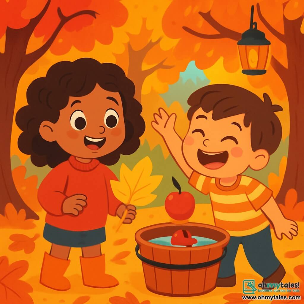 A 6-year-old girl with curly hair and sparkling eyes wears a red sweater and rubber boots. She smiles in wonder as she picks up a large shiny yellow leaf from the ground. Next to her, a 6-year-old boy with brown hair and a striped t-shirt laughs while trying to catch a floating apple in a bucket of water, his cheeks rosy from the cold. The setting is an enchanted autumn forest, with trees adorned in vibrant red, orange, and yellow leaves, and a carpet of crunchy leaves on the ground. Orange lanterns hang from the branches, illuminating the scene with a soft light. The main focus is on the joy of the little girl and her friend as they enjoy exploring the wonders of autumn, surrounded by laughter and bright colors.