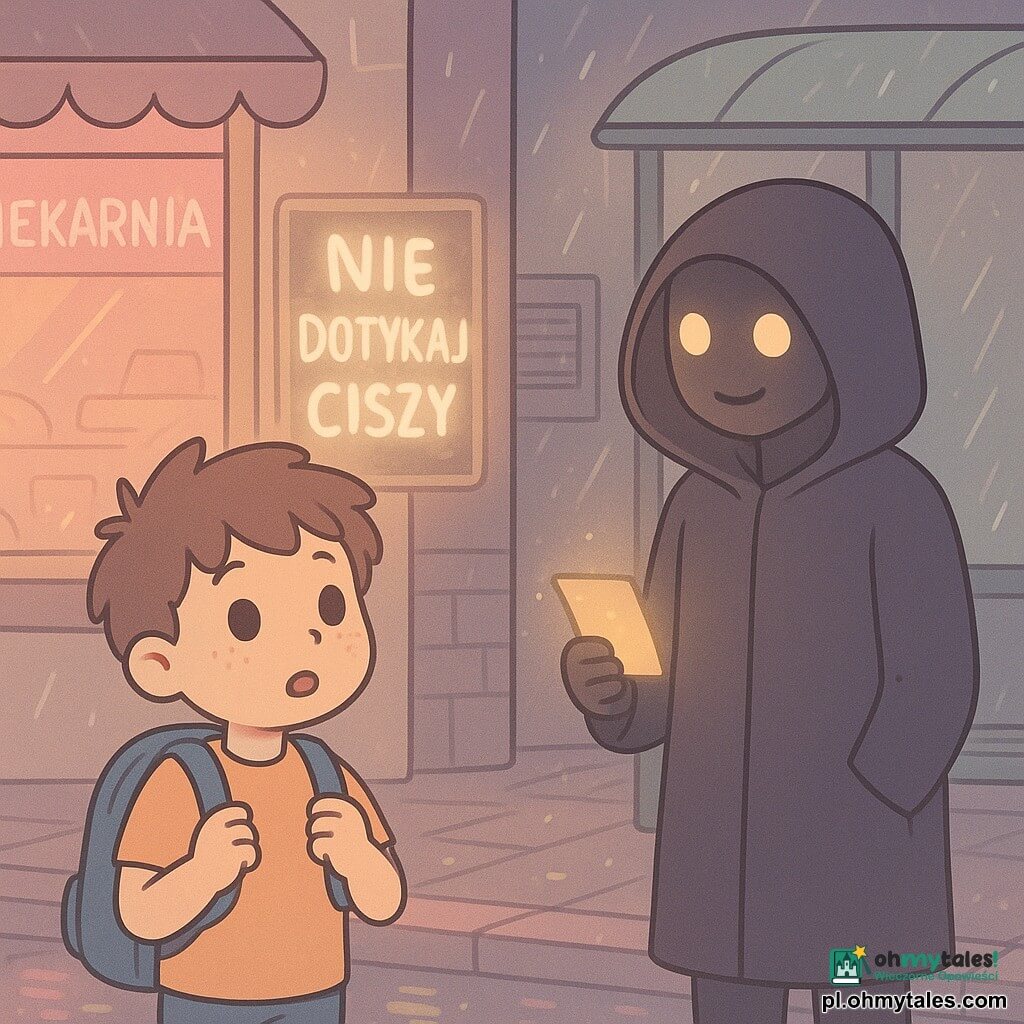 Dwunastoletni chłopiec z okrągłą twarzą i piegami, rozczochranymi brązowymi włosami, trzyma plecak przy piersi i patrzy na plakat, z którego dymne litery tworzą napis NIE DOTYKAJ CISZY; obok na ławce stoi szesnastoletni nastolatek w dużym ciemnym płaszczu z kapturem, blady, z błyszczącymi oczami, uśmiecha się tajemniczo, trzymając przezroczysty, złocisty bilet, którego światło delikatnie oświetla ich twarze; scena na deszczowym chodniku miasta z mokrymi brukami odbijającymi różowo-zielone neony, witryną piekarni, wiatą przystankową ze spływającymi kroplami i kratką wentylacyjną wydzielającą świetlny podmuch, atmosfera magiczna i miejska.
