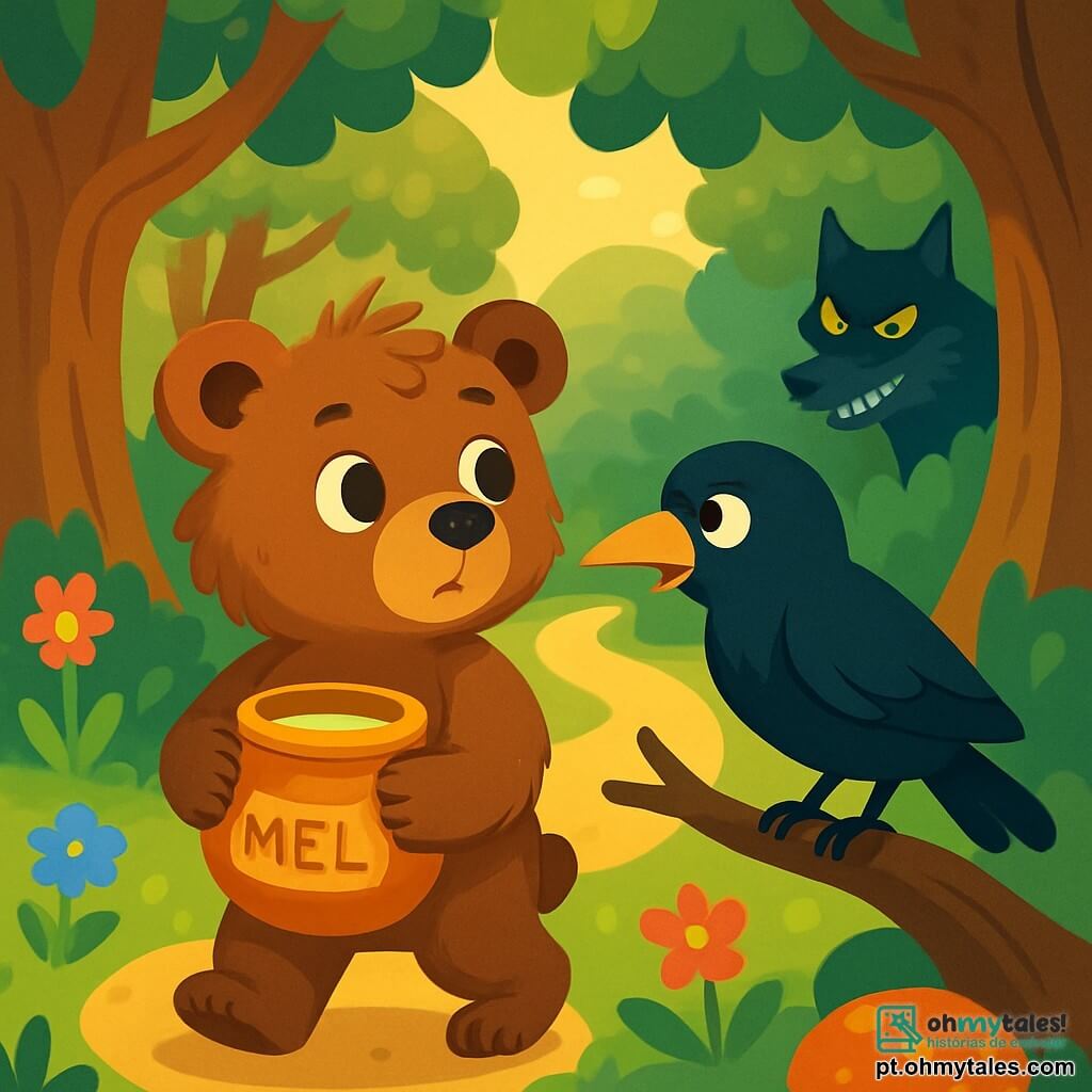 Um jovem urso pardo chamado Tobias, com um pelo macio e desgrenhado, observa ao seu redor com olhos curiosos e determinados. Ele segura um pote de mel com suas patas, pronto para partir em uma aventura na floresta. Ao seu lado, uma majestosa corvo negra, a Senhora Corvo, com plumagem brilhante e olhos travessos, parece preocupada, empoleirada em um galho baixo, apontando o bico para um caminho misterioso. O local é uma floresta encantada, repleta de árvores com troncos grossos e tortuosos, cujas folhas verdes brilham sob o sol dourado, e flores coloridas espalhadas pelo chão. Ao longe, vê-se uma sombra ameaçadora, a do Grande Lobo Mau, escondido atrás de um arbusto, com seus olhos amarelos brilhantes e um sorriso traiçoeiro. A situação principal mostra Tobias, determinado e corajoso, pronto para enfrentar o lobo e recuperar a coroa da Senhora Corvo, enquanto o lobo, astuto, espera na sombra, pronto para atacar.