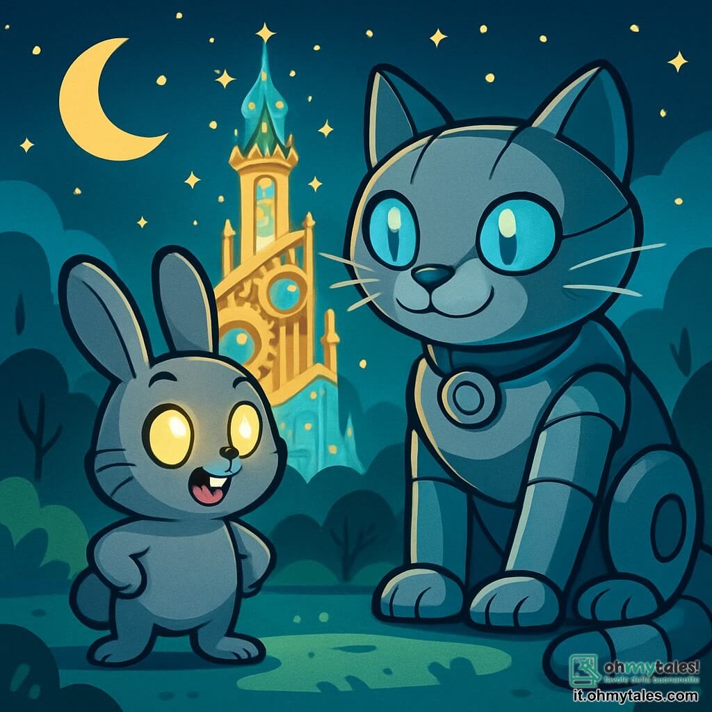 Un piccolo coniglio di nome Ombra, con un pelo grigio e occhi brillanti come lanterne, si trova coraggiosamente al centro della scena, mostrando un'espressione determinata e gioiosa. Accanto a lui, un grande gatto robot, il Grande Gatto Laser, con occhi blu scintillanti e baffi d'argento, guarda Ombra con curiosità e un leggero sorriso, pronto ad ascoltare le sue idee. Sullo sfondo, una magnifica torre di cristallo scintillante, costruita con ingranaggi e luci, brilla sotto un cielo stellato, illuminando il paesaggio notturno del Bosco di Tenebra e Luce. La scena ritrae Ombra e il Grande Gatto Laser mentre discutono, circondati dal bagliore magico della torre, simboleggiando l'unione di magia e tecnologia.