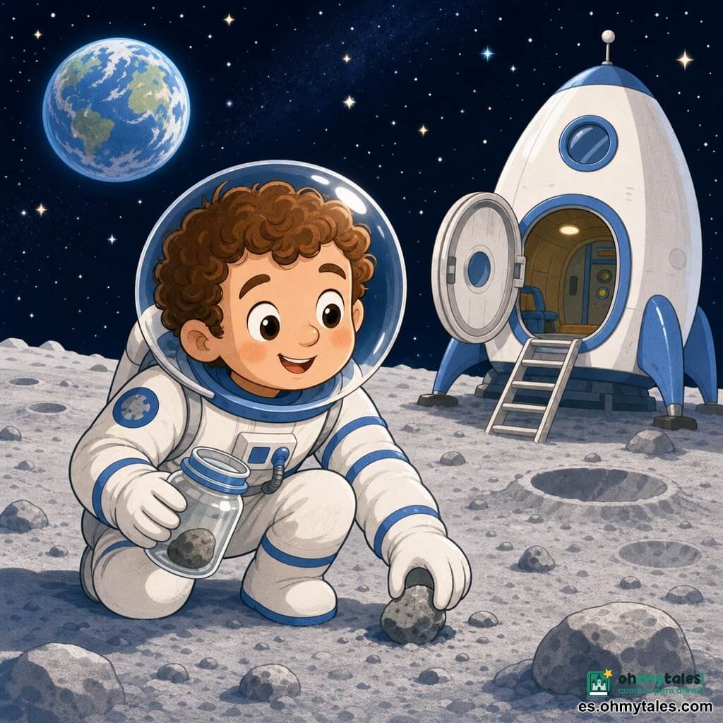 Hombre pequeño y sonriente de rostro redondo, cabello castaño rizado y ojos grandes y luminosos, vestido con traje espacial blanco con bandas azules y casco transparente, agachado en la superficie lunar polvorienta con cráteres y piedras, recogiendo una pequeña roca gris que guarda en un frasco de vidrio mientras saluda al cielo estrellado donde destaca una Tierra azul; detrás, una nave blanca con la escotilla abierta y una pequeña escalera; luz suave, tonos pastel, contornos redondeados y atmósfera tranquila y maravillada.