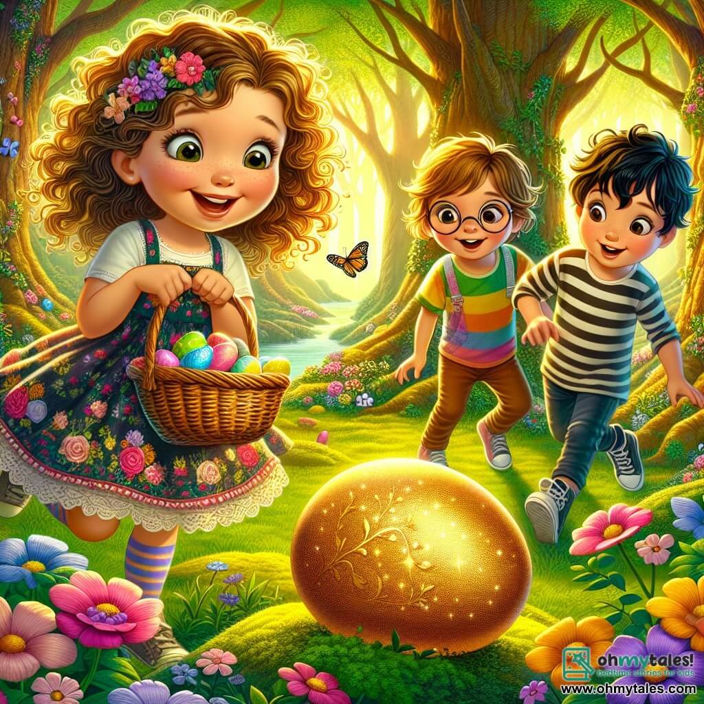 A 10-year-old girl, Lucy, with curly golden hair, wears a colorful dress adorned with floral patterns. She has a big smile on her face, her eyes shining with excitement as she holds a wicker basket filled with Easter eggs. Beside her is her best friend Tommy, a 10-year-old boy with brown hair and round glasses, gazing in awe at a sparkling golden egg resting on a bed of moss. A little further away, Mia, a 10-year-old girl with straight black hair in a braid and a striped t-shirt, approaches curiously, hands on her hips, ready to uncover the secret of the magical garden. The setting is an enchanted clearing surrounded by majestic trees with thick trunks and golden leaves that let sunlight through, creating a fairy-tale atmosphere. Colorful flowers and butterflies dance around them, adding to the magic of the moment. The main scene shows Lucy, Tommy, and Mia discovering the precious golden egg at the center of the clearing, their faces lit up with joy and wonder as they realize they are at the heart of a magical Easter adventure.