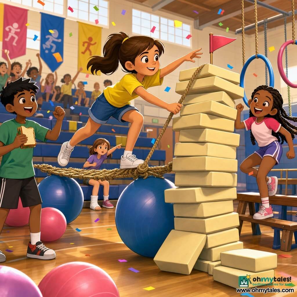 A determined smiling 10-year-old girl with a round face, freckles and a brown ponytail reaches for a small flag atop a stack of unstable gym mats; she wears a bright yellow T‑shirt, denim shorts and white sneakers, balancing on a braided walkway laid over large balls with one hand gripping a mat rope. To her left, about 10-year-old Tariq with short black hair watches encouragingly, holding a peanut butter sandwich; to the right, about 11-year-old Jamila, mixed-race with braided hair, laughs and does a little dance near a bench and floating hoops. Eight-year-old Nell sits on the bleachers with a bandaged ankle, calm and pointing toward the braided walkway while whispering advice. The wide, bright school gym has polished wood floors, colorful banners, cream foam mats, oscillating suspended hoops and scattered blue and pink gym balls. Confetti is about to burst; classmates cheer, the scene captures the decisive, joyful, dynamic moment with visible bouncing motion in blurred silhouettes.