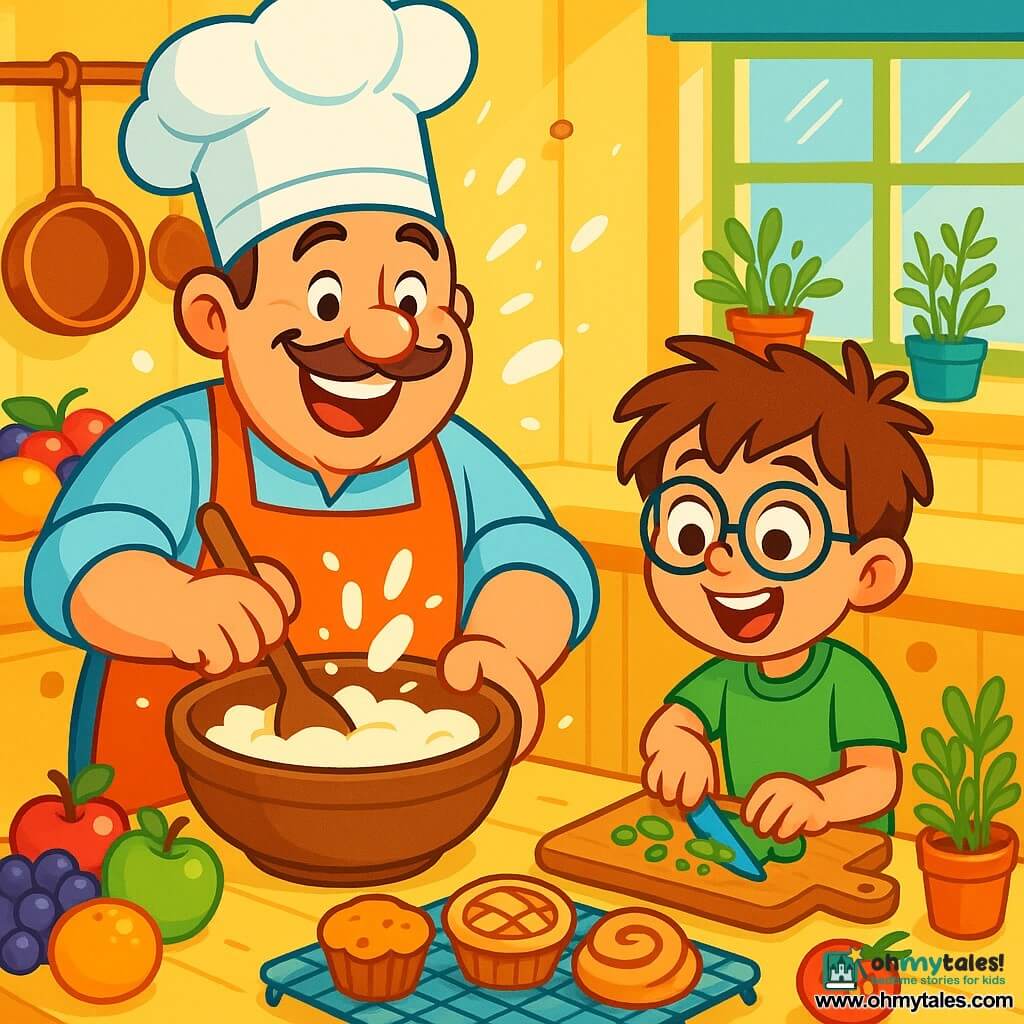 Chef Charlie, a cheerful man with a big smile, wears a tall white hat and a bright apron. His eyes sparkle with joy as he mixes batter in a large wooden bowl, surrounded by vibrant colors and fresh ingredients. Next to him, Tommy, an 8-year-old boy with messy brown hair and round glasses, is cutting vegetables on a small cutting board, his face beaming with excitement. The scene takes place in a lively kitchen filled with shiny copper pots, colorful fruits on the counter, and delicious pastries cooling on racks. The walls are painted bright yellow, and fresh herbs grow in pots on the windowsill. The main situation shows Chef Charlie and Tommy creating a magical cake together, with flour flying in the air and laughter echoing in the kitchen.