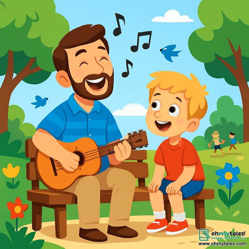 A smiling man named Max, with brown hair and a light beard, is sitting on a wooden bench in a sunny park. He wears a blue striped shirt and beige pants, and his face shows joy and enthusiasm as he sings passionately. Next to him, an 8-year-old boy named Timmy, with messy blonde hair and a red t-shirt, listens attentively, his eyes shining with admiration. Timmy sits on the edge of the bench, hands on his knees, ready to sing. The park is lush with vibrant green trees, colorful flowers dancing in the wind, and children playing in the distance. Birds fly in the blue sky, adding a touch of magic to the scene. Max sings a joyful melody, and an excited Timmy prepares to sing along, creating an atmosphere of happiness and camaraderie.