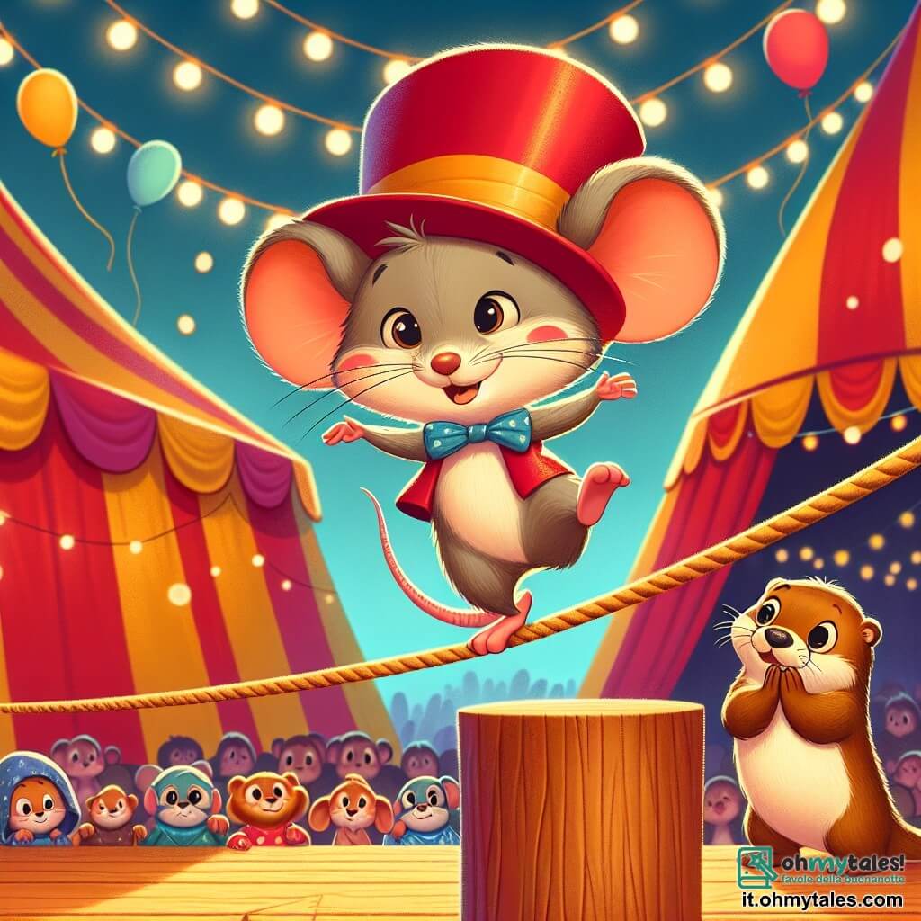 Un piccolo topolino di nome Tito, con un grande cappello rosso troppo largo per la sua testa, sta in piedi con orgoglio su una corda tesa, con un sorriso radioso sul volto. La sua piccola coda è in equilibrio dietro di lui, mentre fa un passo audace, con gli occhi scintillanti di eccitazione e determinazione. Vicino a lui, Lenny, una lontra divertente con un bandana blu, applaude con un grande sorriso, orgoglioso del suo giovane amico. Si trova su una piattaforma di legno, pronto a incoraggiare Tito. Lo sfondo è un circo colorato, con un grande tendone a strisce rosse e gialle, luci scintillanti e animali curiosi che guardano con meraviglia. La scena mostra Tito che realizza il suo sogno di funambolo, camminando coraggiosamente sulla corda, circondato da amici e un pubblico entusiasta, catturando lo spirito gioioso e dinamico del circo.