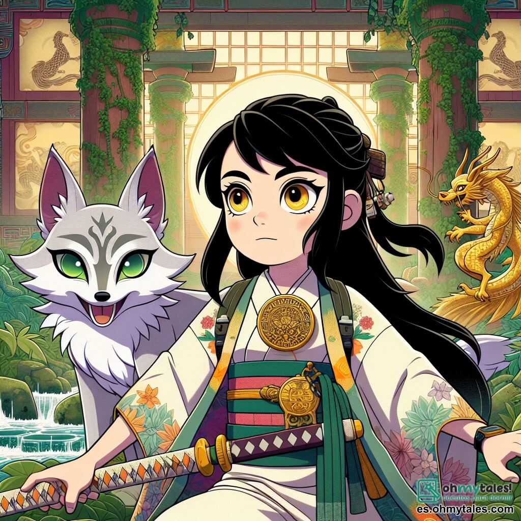 En el centro de la imagen, Akiko, una niña de once años, se sostiene con orgullo, su rostro iluminado por una mezcla de emoción y determinación. Tiene largos cabellos negros, ojos brillantes y curiosos, y lleva una túnica colorida con motivos florales. En su mano derecha sostiene un hermoso medallón dorado que brilla bajo la luz, mientras que con la mano izquierda empuña una espada de madera, símbolo de su valentía. A su lado, Yuki, un pequeño zorro de tres colas con pelaje plateado y ojos traviesos, observa atentamente los alrededores. Está posado sobre una piedra, listo para guiar a Akiko en su búsqueda, con una expresión llena de sabiduría y aliento. El escenario es un antiguo templo, con paredes cubiertas de hiedra y musgo, y esculturas de dragones majestuosos que parecen cobrar vida. Rayos de luz filtran a través de las grietas del techo, iluminando espejos brillantes que reflejan sombras misteriosas. La situación principal muestra a Akiko frente a un gran espejo brillante, mirando su reflejo, mientras sombras inquietantes bailan a su alrededor. Ella demuestra valentía, lista para enfrentar sus miedos y obtener el primer artefacto de su búsqueda.