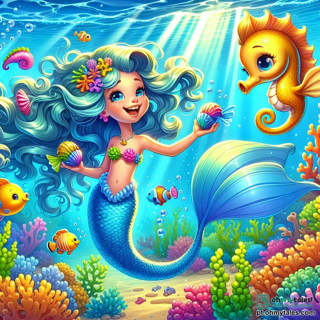 No centro da imagem, uma sereia chamada Coralina, com cabelos longos e ondulados de um azul brilhante, nada alegremente em águas cristalinas. Seu rosto irradia felicidade, seus olhos brilham de travessura, enquanto segura conchas coloridas que emitem sons divertidos. Sua cauda cintilante, adornada com padrões de coral, brilha sob os raios de sol que filtram pela superfície da água. Ao lado dela, Triton, um pequeno cavalo-marinho de corpo dourado, observa com um sorriso travesso, fazendo piruetas na água. Um pouco mais longe, Polina, um peixe-palhaço de cores vivas, se agarra a uma alga, rindo enquanto observa os dois amigos. O cenário é um magnífico recife de coral, repleto de cores vibrantes e formas variadas, com peixes nadando ao redor, criando uma atmosfera alegre e animada. A cena principal mostra Coralina brincando com as conchas cantantes, provocando risos em seus amigos, enquanto desfrutam de um belo dia debaixo d'água, repleto de magia e amizade.
