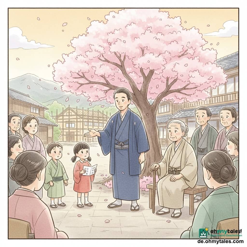 Haruto, ein lächelnder, ruhiger Mann um vierzig mit leicht ergrautem schwarzem Haar und dunkelblauem einfachen Kimono, steht unter einem großen blühenden Kirschbaum und spricht zum Dorf, während der etwa 70-jährige Bürgermeister/Weise mit poliert weißem Haar im cremefarbenen Kimono rechts auf einer Bank sitzt und mit den Händen auf einem Stock zuhört; ein achtjähriges Mädchen mit schwarzen Zöpfen in einem hellroten Kleid hält eine kleine Papier-Schulmodell und steht links vor Haruto, ein zehnjähriger Junge mit kurzen braunen Haaren im hellgrünen Kimono steht neben ihr und schaut auf das Modell, mehrere Dorfbewohner bilden einen Halbkreis mit neugierigen, friedlichen Gesichtern; Ort: gepflasterter Dorfplatz, Kirschbaum mit rosa Blütenblättern in der Mitte, Holzhäuser mit Ziegeldächern und sanfte Berge im Hintergrund, eine im Bau befindliche Schule mit Bambusgerüst in der Ferne; Hauptszene: Haruto erklärt sanft die neue Schule, goldenes Morgenlicht, warme Atmosphäre, Pastellfarben, weiche Konturen, Aquarelltextur auf Papier, Komposition zentriert auf Haruto und das von dem Mädchen gehaltene Modell, Hoffnungsausdruck auf den Gesichtern, wirbelnde Kirschblüten.