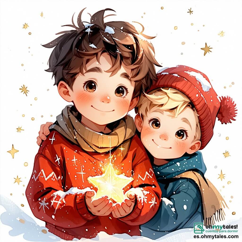 Un niño de 9 años, Lucas, con cabello castaño desordenado y ojos brillantes de curiosidad, está en el centro de la imagen, sonriendo con entusiasmo mientras sostiene una estrella dorada en sus manos. Lleva un suéter rojo con un motivo de copo de nieve y un gorro de lana. A su lado, su amigo Mateo, también un niño de 9 años, con cabello rubio y mejillas sonrojadas, está recogiendo decoraciones en forma de piñas, riendo alegremente. Al fondo, un hermoso árbol de Navidad, decorado con guirnaldas brillantes y bolas coloridas, se alza majestuosamente en un claro del bosque, rodeado de copos de nieve que caen suavemente. El suelo está cubierto de una gruesa capa de nieve brillante, y luces centelleantes iluminan el lugar, creando una atmósfera mágica. La escena principal muestra a Lucas y Mateo, rodeados de sus compañeros de clase, decorando el gran árbol de Navidad mientras comparten risas y sonrisas, celebrando juntos la magia de la Navidad en un ambiente alegre y cálido.