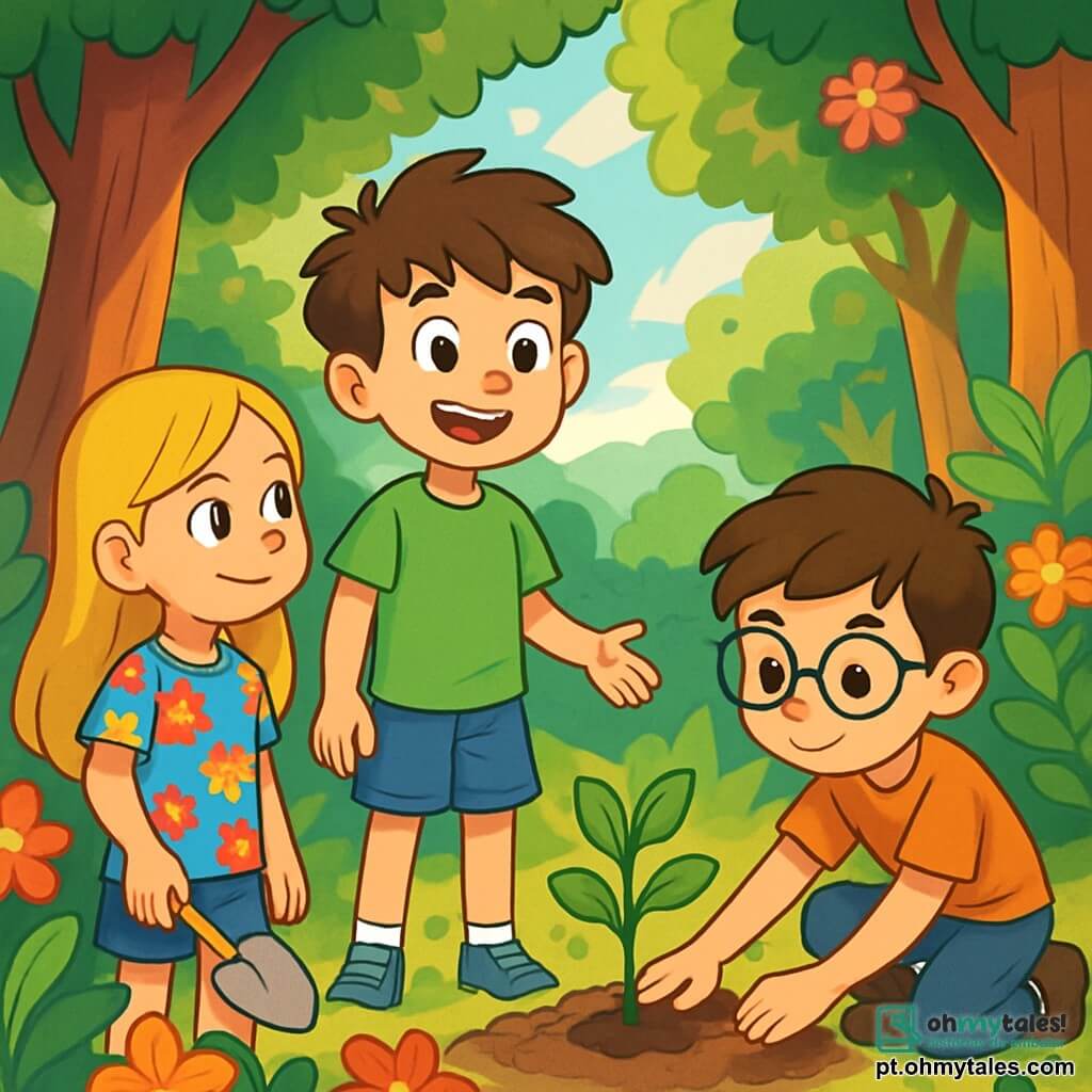 Um garoto de 12 anos, Lucas, com cabelos castanhos bagunçados e olhos brilhantes de curiosidade, está no meio de uma floresta exuberante. Ele usa uma camiseta verde vibrante e um short de jeans, com o rosto iluminado por um largo sorriso de empolgação. Ao seu lado, sua melhor amiga Ana, uma menina de 12 anos com cabelos longos e loiros, vestida com uma camisa de flores coloridas, segura uma pequena pá e olha para Lucas com admiração. Um pouco mais adiante, Pedro, um garoto de 12 anos com óculos e cabelos castanhos, está agachado, plantando um broto com cuidado, o rosto concentrado. A cena ocorre na magnífica Reserva Natural da Serra Verde, onde grandes árvores de troncos robustos e flores vibrantes cercam as crianças. Raios de sol passam pelas folhas, criando padrões luminosos no chão. Lucas, Ana e Pedro estão plantando árvores para restaurar a natureza, com rostos radiantes de alegria e determinação, simbolizando esperança e compromisso com a ecologia.