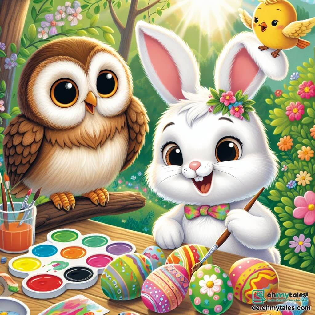 Ein kleiner Hase namens Felix mit weichem, weißem Fell, großen, hängenden Ohren und funkelnden Augen malt bunte Ostereier auf einem Holztisch. Er lächelt breit, seine rosigen Wangen verraten seine Begeisterung. Neben ihm beobachtet eine Eule namens Ella mit großen, runden Augen und braunen Federn neugierig, während sie einen Pinsel in ihren Krallen hält. Sie ist von den lebhaften Farben und Mustern, die Felix kreiert, begeistert. Ein kleiner gelber Vogel namens Max sitzt auf dem Tischrand und singt fröhlich, seine Flügel vibrieren und sein Schnabel ist offen, bereit, seine Freunde zu ermutigen. Die Szene spielt in einem sonnigen Garten, der voller leuchtender Blumen und grüner Bäume ist, mit Sonnenstrahlen, die durch die Blätter filtern und eine warme, festliche Atmosphäre schaffen. Felix, Ella und Max bereiten sich auf Ostern vor, indem sie Eier in leuchtenden Farben malen, umgeben von einer fröhlichen und freundlichen Stimmung, bereit, ihre Kreativität mit all ihren Freunden zu teilen.