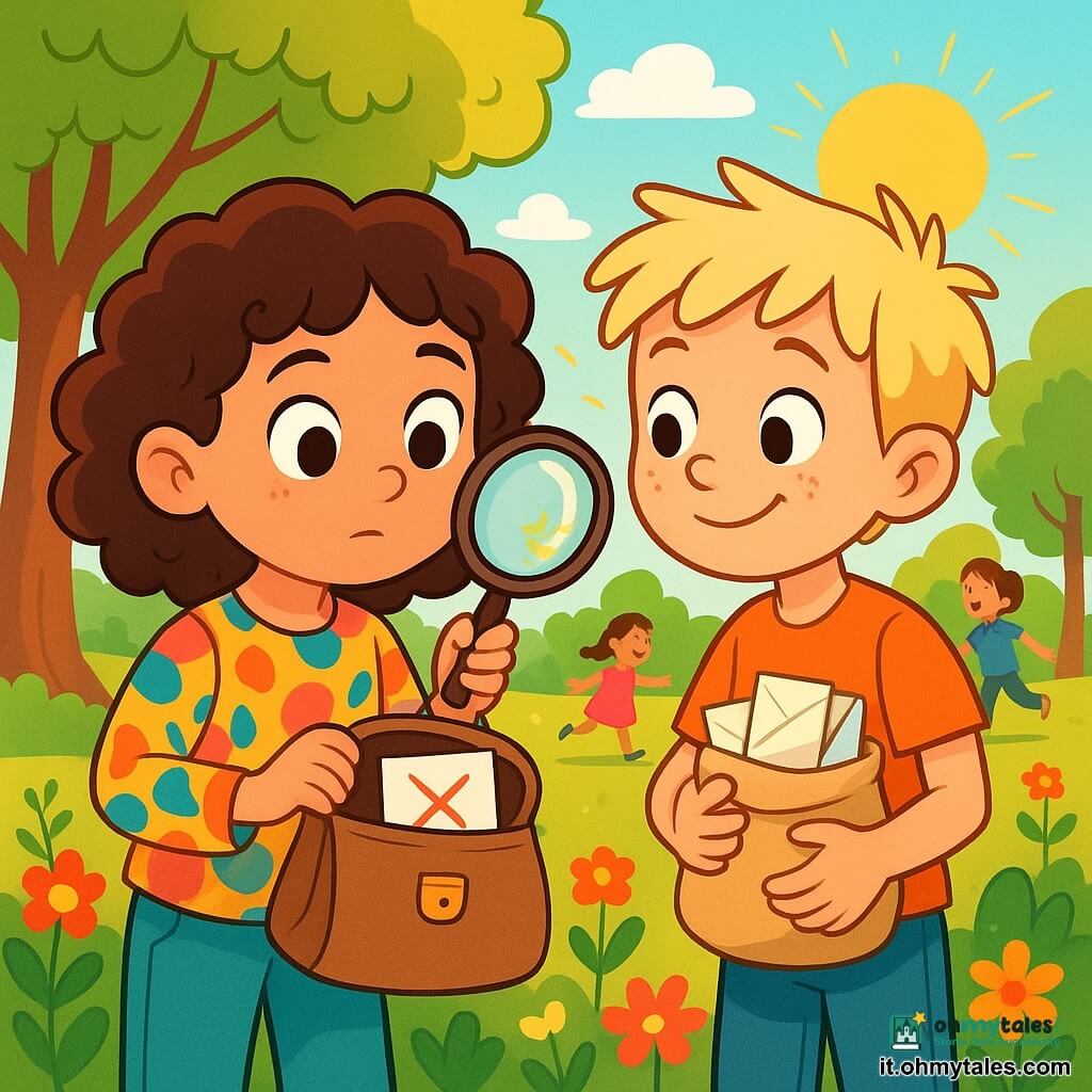 Clara, una giovane donna dai capelli castani e ricci, indossa una blusa colorata e pantaloni comodi. Ha uno sguardo curioso e determinato, tenendo una lente d'ingrandimento in una mano e una borsa da detective nell'altra. Accanto a lei, Leo, un ragazzo di 10 anni con i capelli biondi disordinati e un sorriso amichevole, tiene una borsa piena di lettere e guarda Clara con ammirazione. Sullo sfondo, si vede un parco soleggiato, pieno di fiori vivaci e alberi verdi, dove i bambini giocano felicemente. La scena principale mostra Clara e Leo che esaminano una borsa misteriosa, circondati da una luce dorata, con riflessi di colore che illuminano il loro viso, mentre un messaggio nascosto appare sotto la lente d'ingrandimento di Clara.