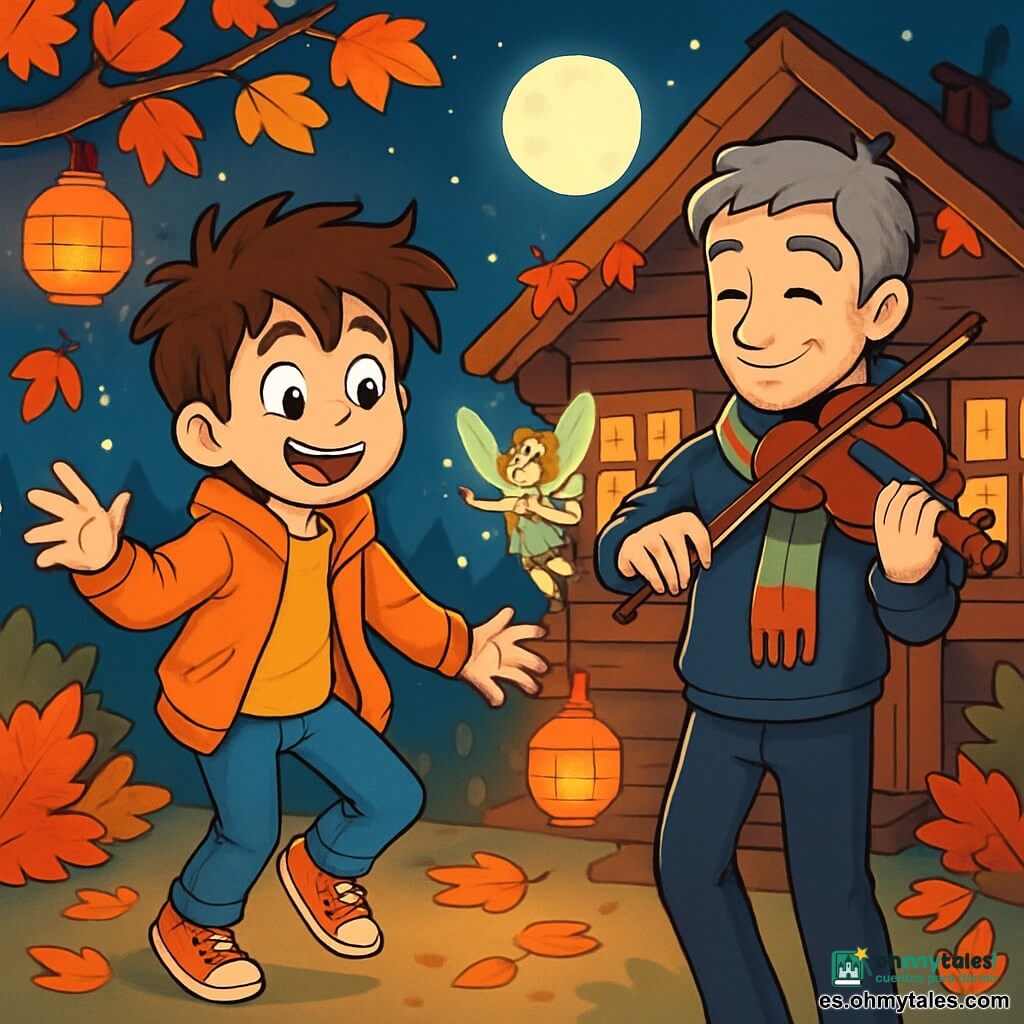 Un niño de 10 años, Lucas, con el pelo castaño desordenado y ojos llenos de curiosidad, baila alegremente bajo la luz de la luna. Lleva una chaqueta naranja brillante y zapatillas desgastadas, y su rostro expresa una emoción contagiosa. A su lado, un hombre de unos treinta años, Elías, con cabello gris y una bufanda colorida, toca el violín, sus ojos brillando de pasión, observando a Lucas con una sonrisa amable. La escena tiene lugar frente a una cabaña de madera, rodeada de hojas de otoño en colores vivos, con farolitos colgantes que brillan suavemente en la noche. Lucas, con sus movimientos ligeros y graciosos, baila alrededor de los farolitos al ritmo de la música, mientras una pequeña criatura mágica, un hada con alas brillantes, vuela alegremente a su alrededor, añadiendo un toque de magia a la escena.