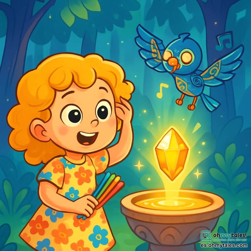 Una niña de 6 años, Lilia, con cabello rizado y dorado, grandes ojos asombrados y una sonrisa radiante, se encuentra frente a una fuente mágica que brilla. Lleva un vestido de tela ligera con patrones de flores multicolores y sostiene una ramita en su mano. Su rostro refleja emoción y curiosidad. A su lado, un pájaro-robot de plumas brillantes y metálicas, con ojos luminosos y alas en forma de circuito, vuela alegremente a su alrededor, cantando una melodía alegre. El escenario es un bosque encantado, con árboles altos y majestuosos, cuyas hojas brillan en tonos de azul, verde y violeta, mientras rayos de luz atraviesan el follaje, creando una atmósfera mágica. Lilia debe elegir entre la magia, la tecnología o su corazón para encontrar el Cristal de los Dos Mundos.