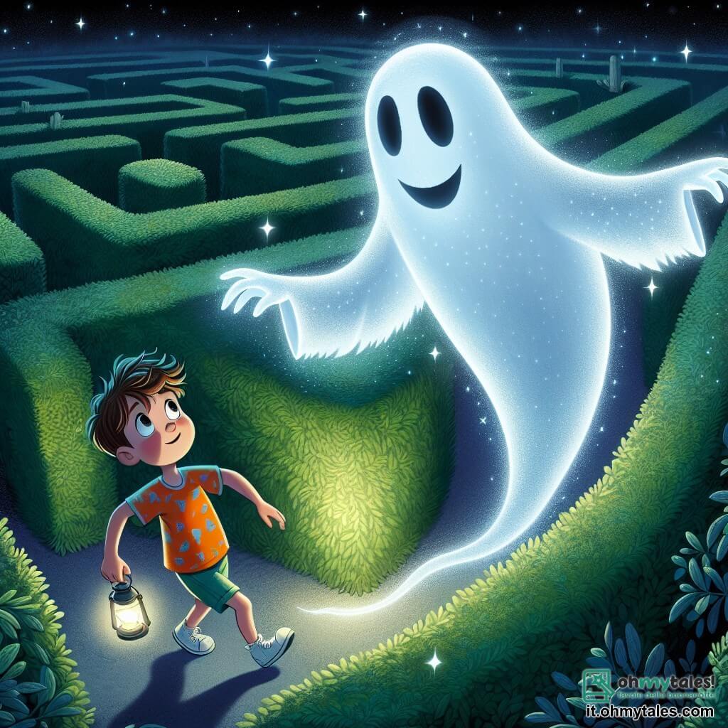 Un fantasma di nome Eolo fluttua dolcemente sopra un labirinto di cespugli contorti, con un sorriso benevolo e occhi brillanti come stelle. Ha un aspetto traslucido, con contorni morbidi e un alone argentato che lo circonda, esprimendo serenità e mistero. Accanto a lui, un ragazzo di 10 anni di nome Luca, con capelli castani disordinati e occhi pieni di curiosità, guarda il labirinto con un misto di eccitazione e apprensione. Indossa una maglietta colorata e pantaloni corti, tenendo una piccola lampada che illumina il suo cammino. Il luogo è un labirinto magico, circondato da alte siepi verdi, con ombre danzanti e luci scintillanti che filtrano tra le foglie. L'atmosfera è incantevole e leggermente inquietante, con una leggera nebbia che si solleva dal terreno. La scena principale mostra Eolo che guida Luca attraverso il labirinto delle ombre, mentre illusioni misteriose si formano attorno a loro, creando un senso di avventura e scoperta.
