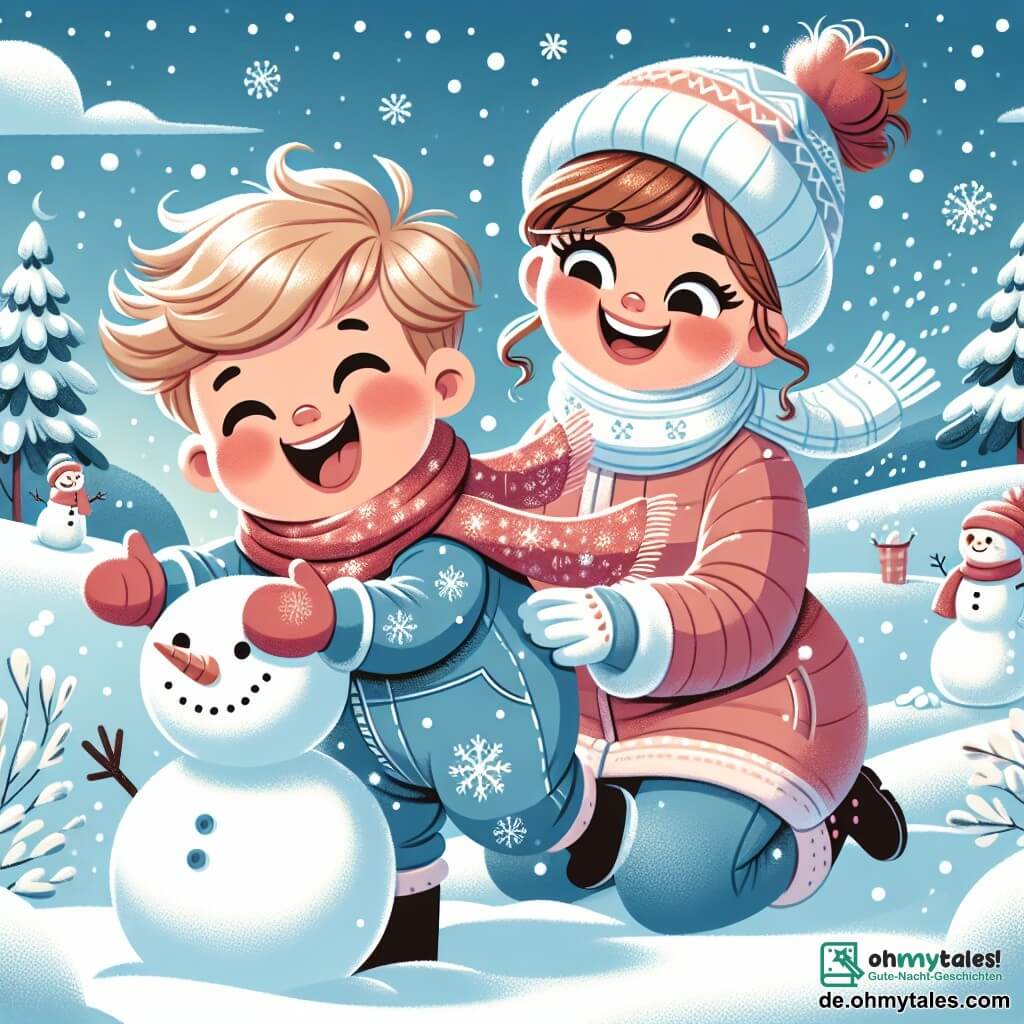 Ein einjähriger Junge mit roten Wangen und zerzausten blonden Haaren lacht herzhaft, während er in einem großen Schneehaufen spielt. Er trägt einen blauen Schneeanzug mit weißen Schneeflockenmuster und einen roten Schal, der im Wind weht. Neben ihm steht seine Mama, eine etwa 30-jährige, lächelnde Frau mit braunen, hochgesteckten Haaren, die einen Schneemann baut. Sie trägt einen warmen rosa Mantel und eine passende Mütze. Die Szenerie ist eine bezaubernde Winterlandschaft mit schneebedeckten Bäumen, einem klaren blauen Himmel und sanft fallenden Schneeflocken. In der Ferne sind weiße Hügel und Fußabdrücke im Schnee zu sehen. Die Hauptsituation zeigt den kleinen Jungen, der mit einem großen Lächeln einen Schneemann wirft, während seine Mama ihn fröhlich anfeuert und eine Szene voller Freude und winterlicher Magie schafft.