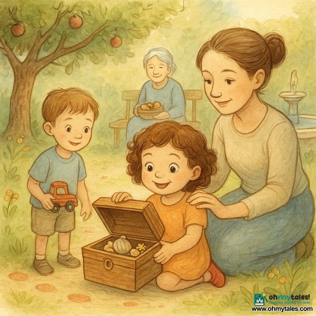 A 4-year-old girl with curly brown hair, red shoes and a round face with big bright eyes, happy and proud, holds a small open wooden chest with her hand on the lid; an adult woman (mother, about 30–35) with hair in a bun kneels beside her, smiling gently and resting a protective hand on the girl's shoulder while looking at the box; a grandmother (about 65) sits on a bench behind a stone fountain, gray hair in a soft bun, holding a small basket of muffins and smiling at the scene; a neighbor boy (about 5) stands left with a toy truck, curious and smiling at the treasures. The sunny garden has an old apple tree, a round stone fountain with clear water, a dirt path with small red painted dots, green leaves and wildflowers, visible textures and soft shadows. The main moment shows the girl who has just opened a treasure box filled with shells, a little bell and star-shaped stickers; everyone shares the warm moment centered on the open box, with warm colors and tactile details like wood grain, crumpled fabric and sparkling water.