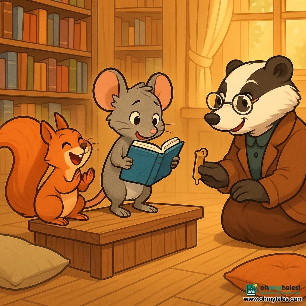 A small grey mouse with soft fur and large round ears stands on a wooden platform holding a cracked blue book and reads aloud, shyly leaning forward as she gathers courage; Hazel, a bushy-tailed red squirrel, sits at the platform’s left applauding with a bright smile, while Mrs. Badger, a plump badger in round glasses and a brown coat, kneels to the right offering a small golden bookmark with a tender approving look; the warm wooden bookstore has high shelves of colorful books, floor cushions, golden light through a large window and the scent of hot chocolate, and the group listens as the mouse’s voice grows from a timid whisper to a clear, confident tone.